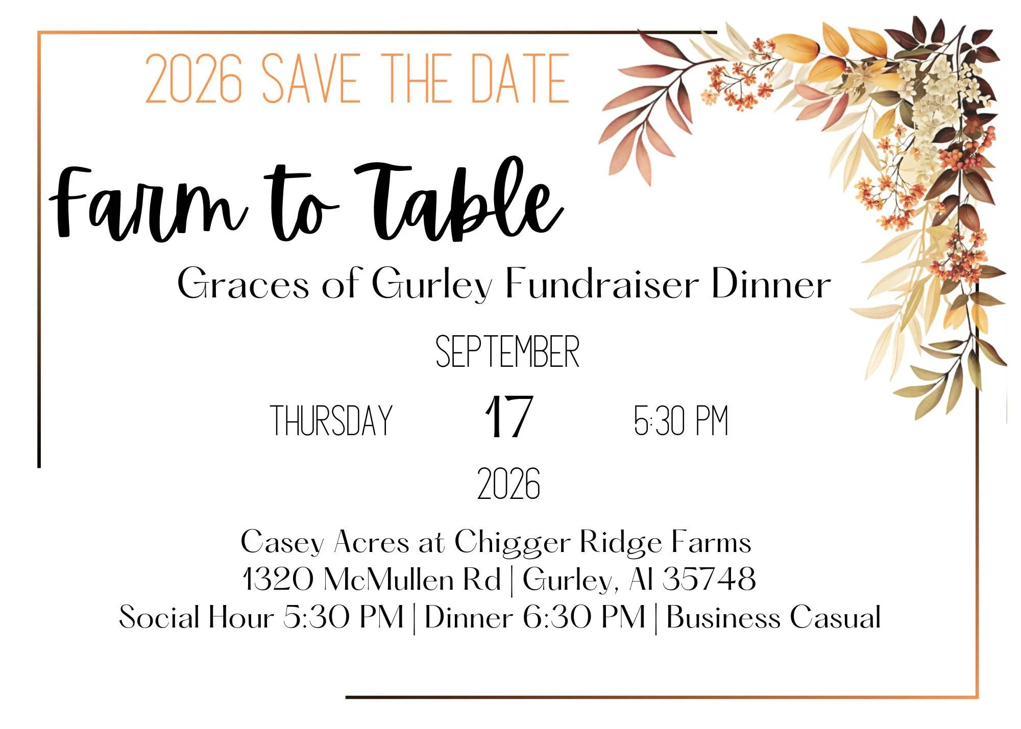 The countdown is on&hellip; just five months until our annual Farm to Table Fundraiser Dinner!
We hope we can count on your support again this year. Mark your calendars, invite a friend, and plan to join us for a wonderful evening supporting the work