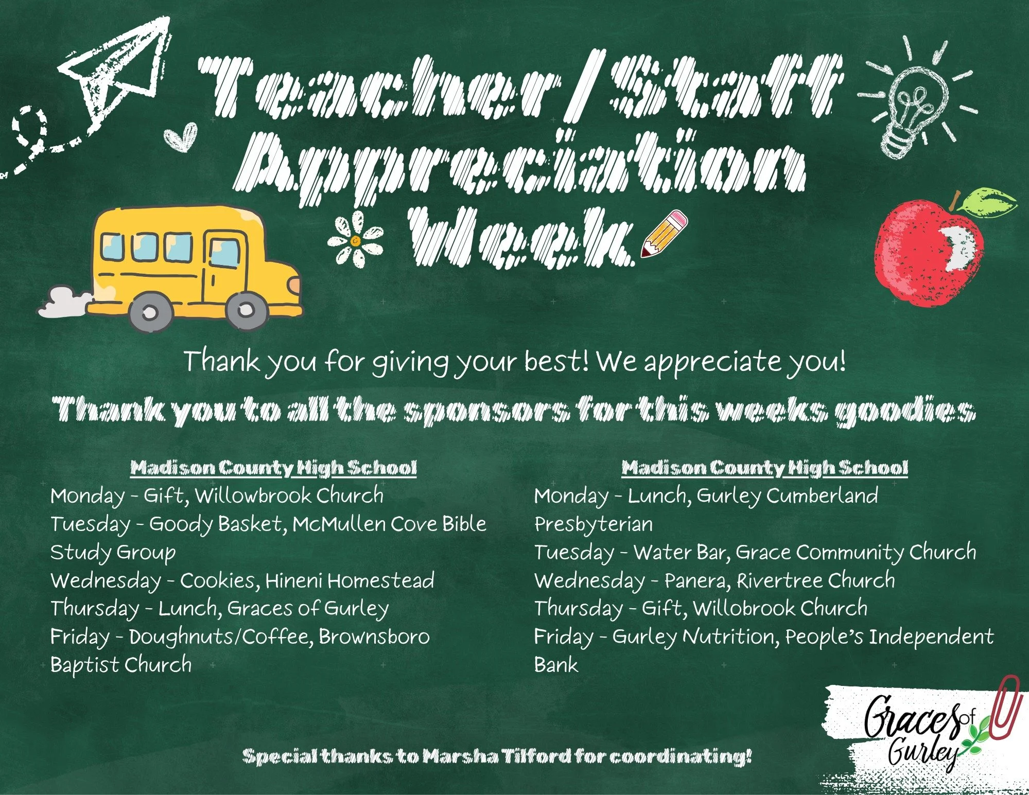 TEACHER APPRECIATION WEEK!
We want to give a huge shoutout to the local churches and groups loving on the MCES and MCHS teachers and staff this week. A special thank you to Marsha Tilford for coordinating and making sure both schools have a special t