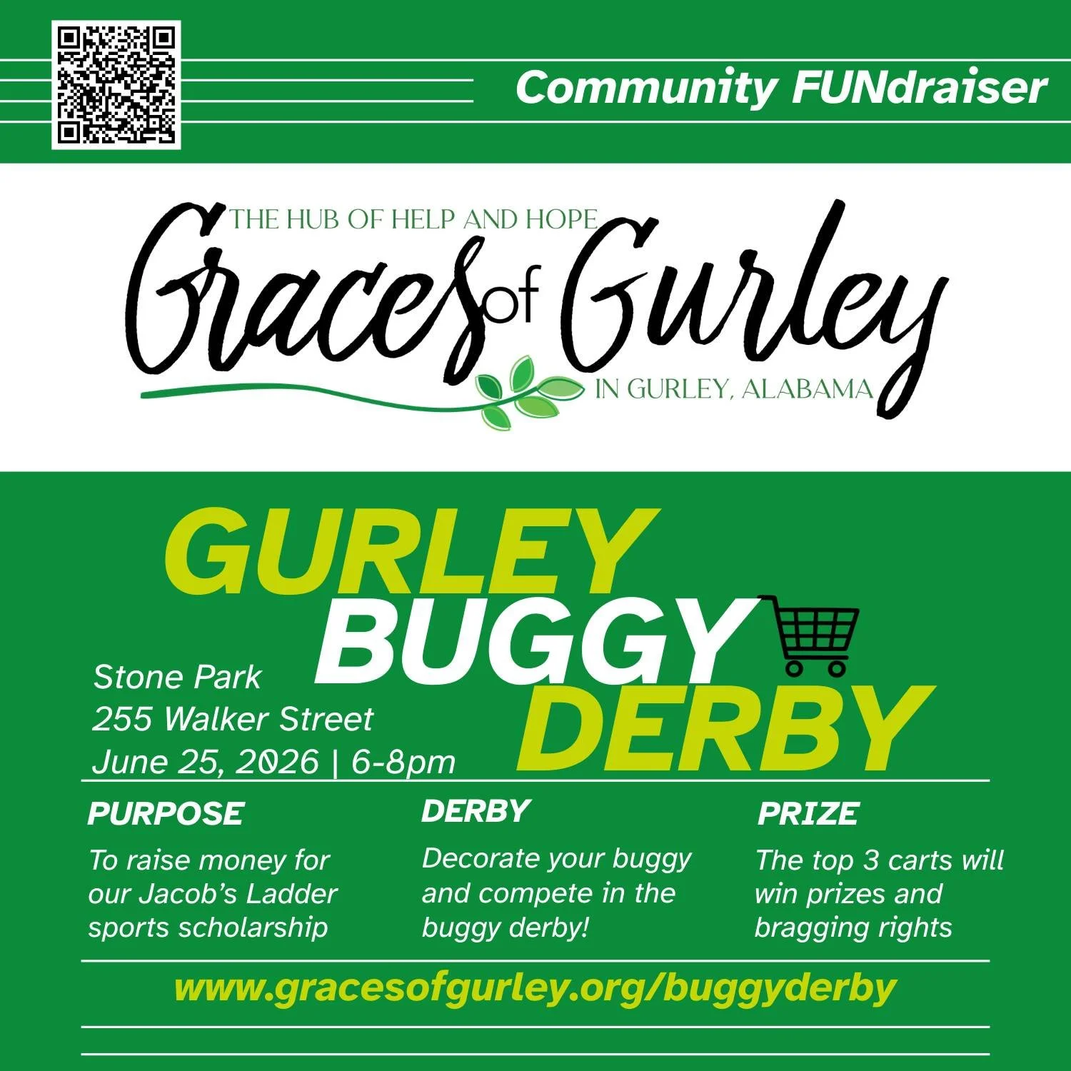 🎉 SUMMER FUN + COMMUNITY IMPACT! 🎉
Get ready for the very first Gurley Buggy Derby on June 25th at Charles Stone Park! Gather your crew and compete for bragging rights, trophies, ribbons, and Best in Show while helping sponsor Jacob's Ladder studen