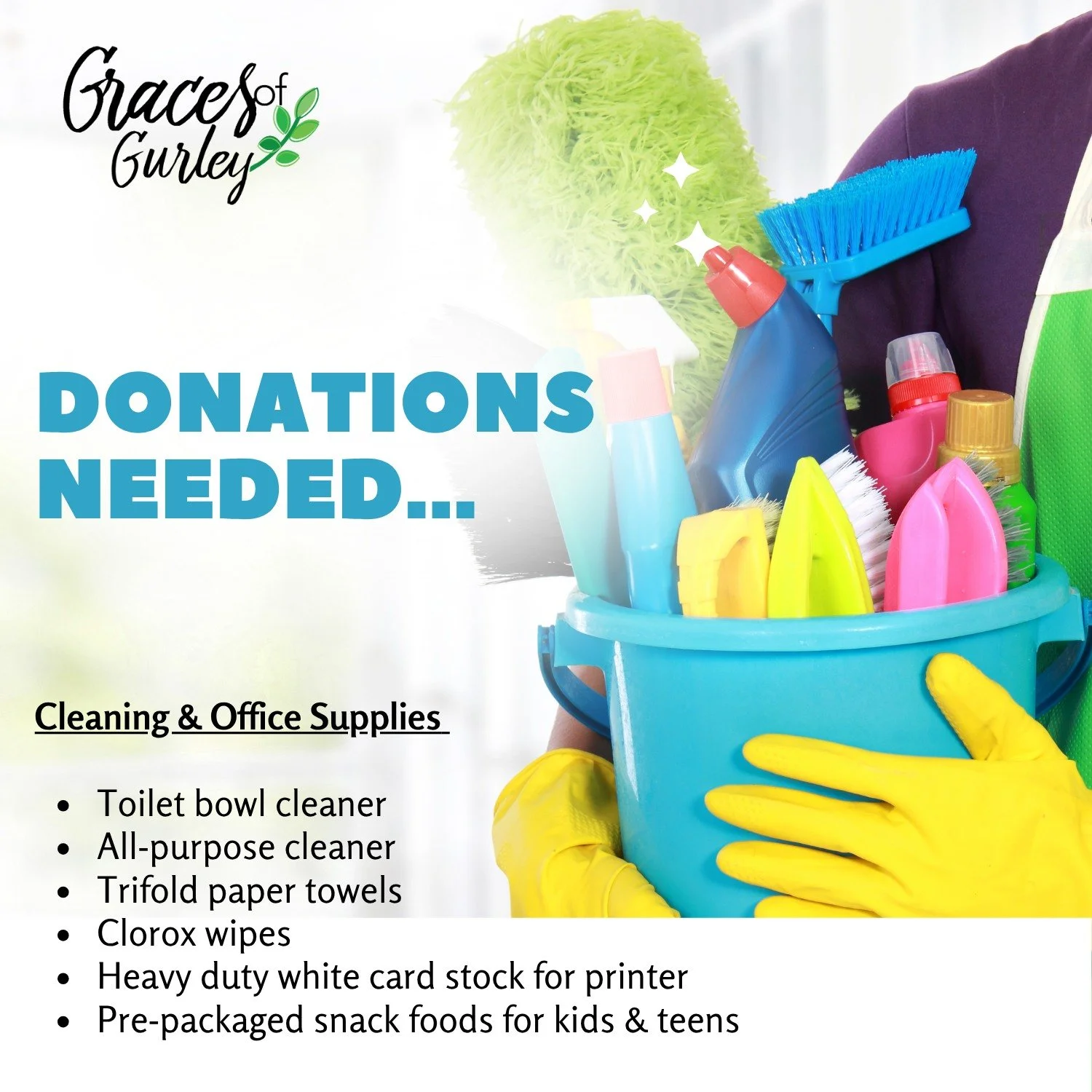 Want to help us out? ❤️
We&rsquo;re running low on supplies and would be so grateful for donations of the following items. If you'd like to bless our community in this way, donations can be dropped off at Graces of Gurley, 201 Wood Street in Gurley, 
