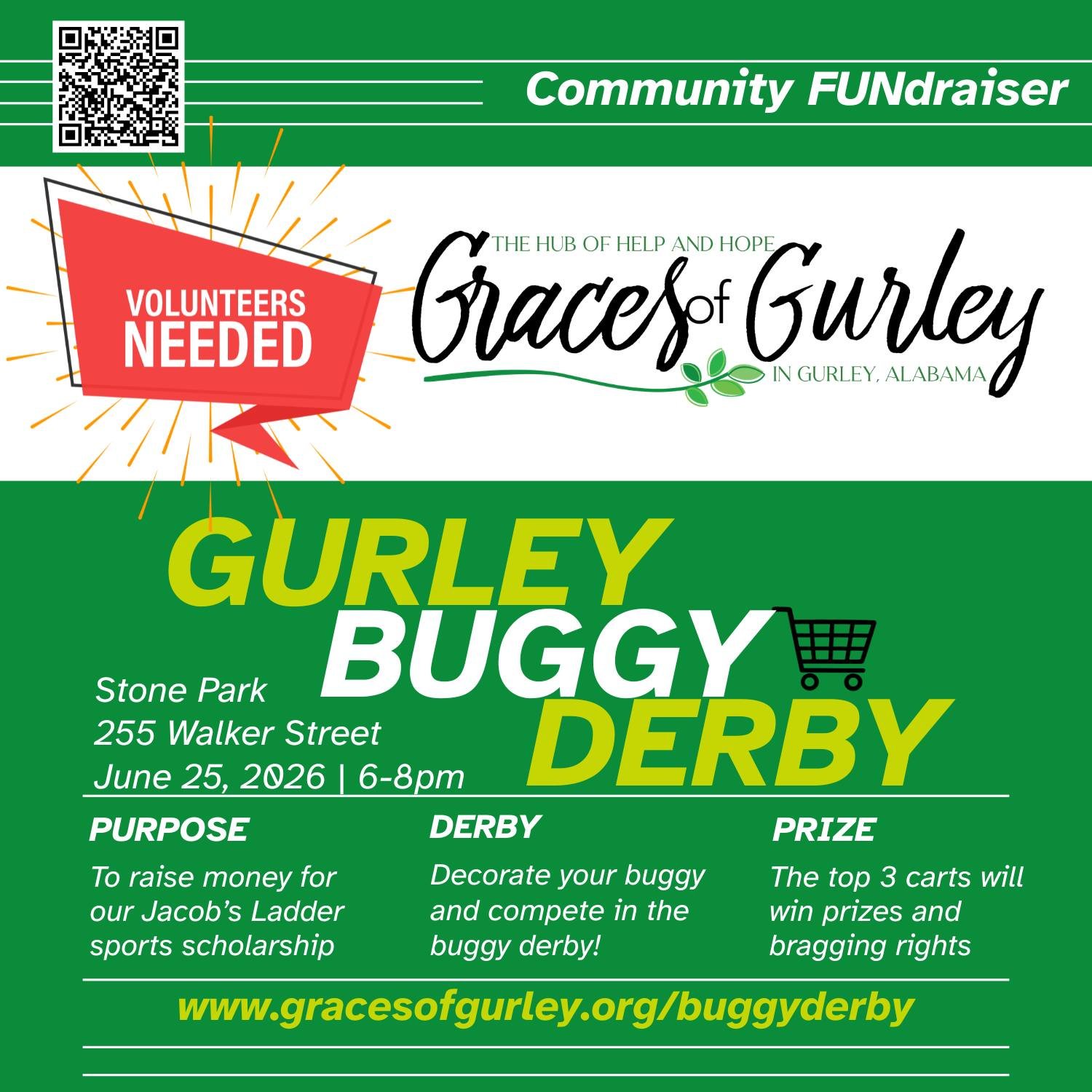 Our Buggy Derby is growing and we can use more volunteers! If you'd like to help, visit www.gracesofgurley.org/buggyderby and click the VOLUNTEER button.