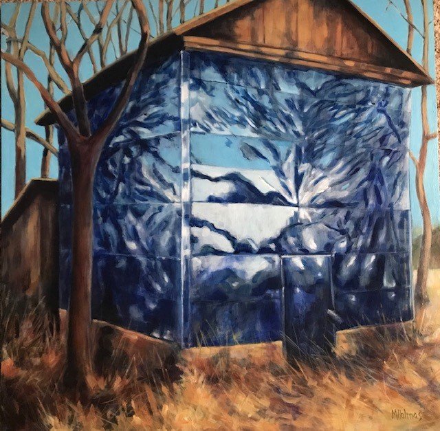  Marsha Holmes,  Blue Tobacco Barn , 2021, acrylic on canvas, 20 x 20 in. 