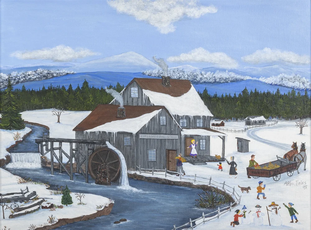  Arlee Mains,  Ward Grist Mill , June-July 1998, acrylic on canvas board. Promised gift, Collection of Martha &amp; Terry Satterwhite.  