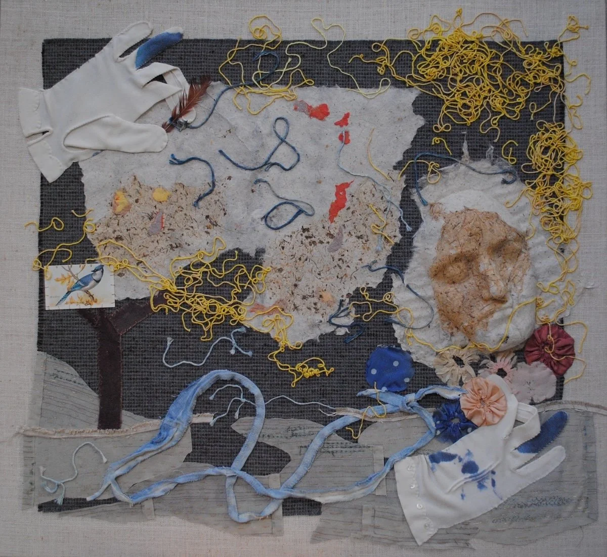  Susan Sharpe,  Blue Jay Way,  2023, Indigo dye, textile artifacts, handmade paper. On loan from the artist. 