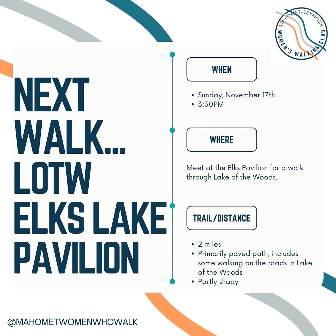 SAVE THE DATE!!

This weekend, on Sunday, we are going back to the woods, Lake of the Woods!!

We are will meet at the Elks Lake Pavilion for a 2-mile walk around LOTW.

📅 When: Sunday, November 17th 3:30pm 
📍 Where: Lake of the Woods &mdash; Elks 