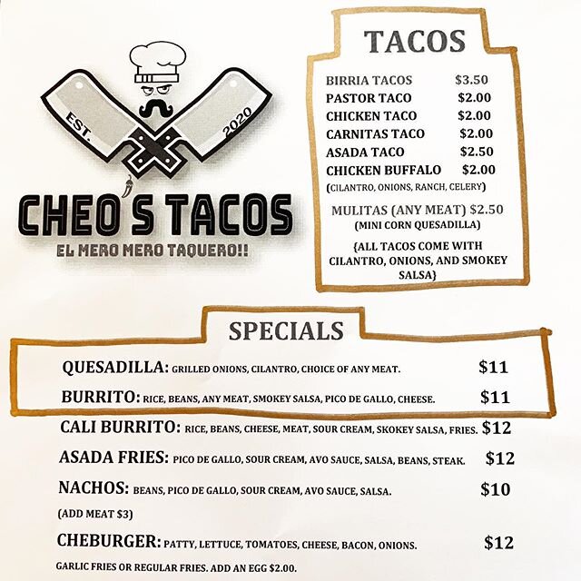 Check out our new menu! #CheosTacos will be serving #food at #OutlawsGrillandSaloon 7 days a week 10am-10pm 😁🙌🌮 with #breakfast available every #Saturday and #Sunday 👏👏 Make sure you stop by and celebrate this #TacoTuesday with the #best #tacos 