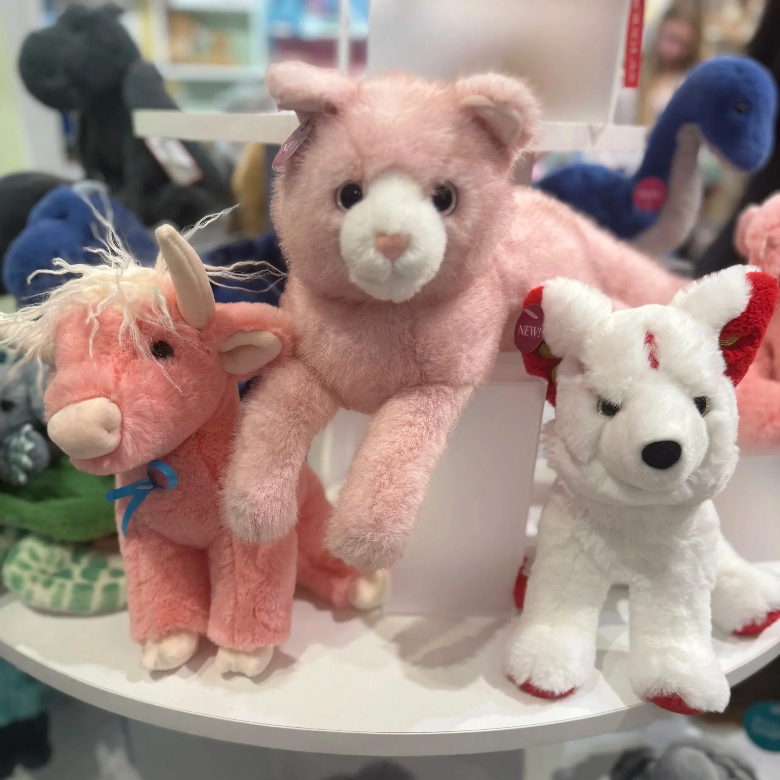 Kumie Kitsune, Cherrie Pink Cat, and Candie, the pink Highland Cow Soft
