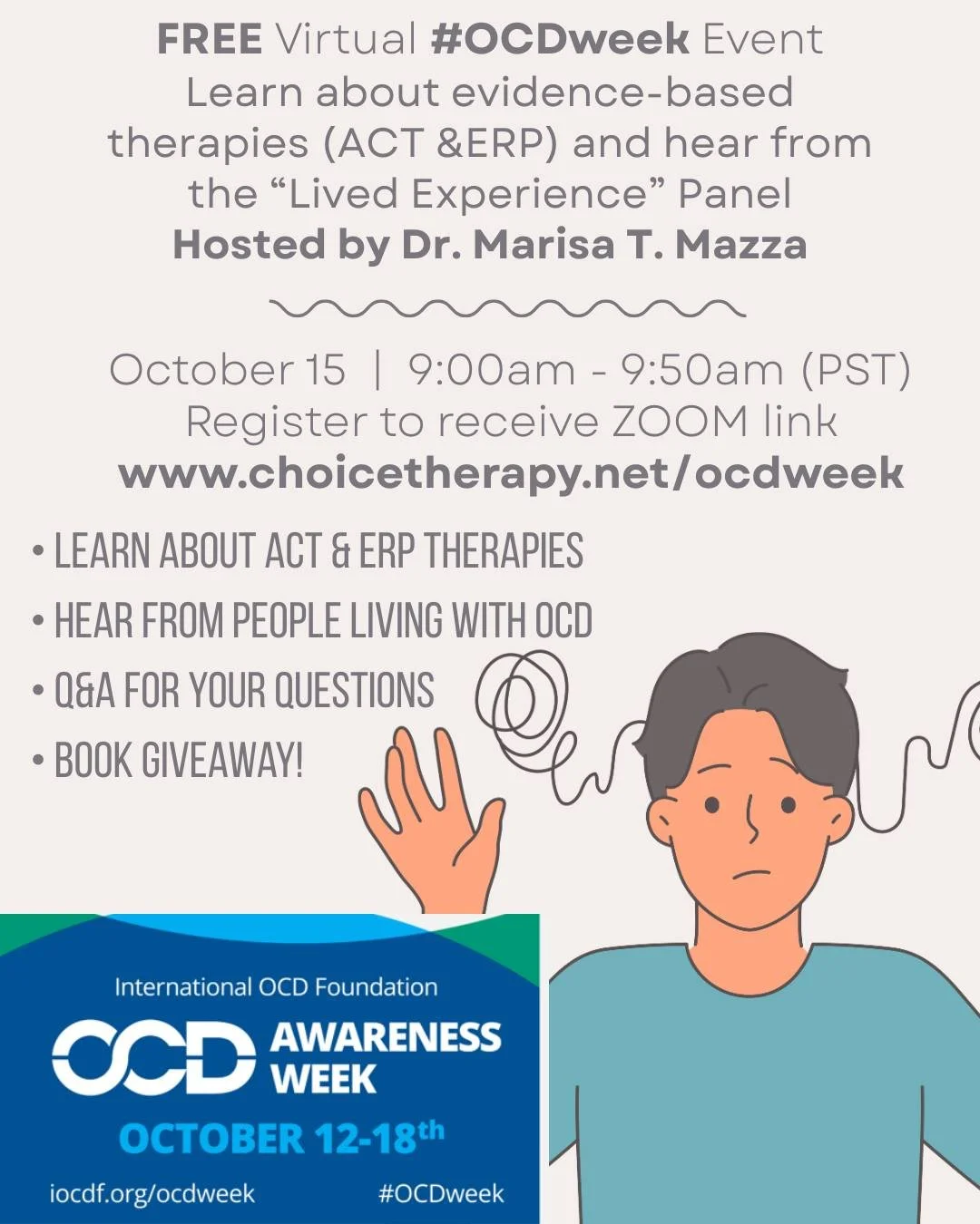 🌍 #OCDweek is coming 🌍 LAST CHANCE TO SIGN UP!
Join us for a free online event with Dr. Marisa T. Mazza . Learn about evidence-based therapies (ACT &amp;ERP) and hear from the &ldquo;Lived Experience&rdquo; Panel 💬
📅 When: October 15, 2025 | 9:00