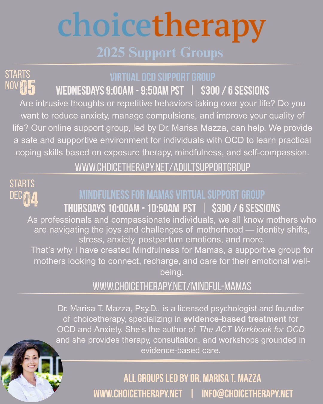 Do you ever feel like your thoughts or emotions are running the show? 💭
Whether you&rsquo;re navigating OCD or the emotional ups and downs of motherhood, you don&rsquo;t have to do it alone.

This fall, Dr. Marisa T. Mazza is leading two virtual sup