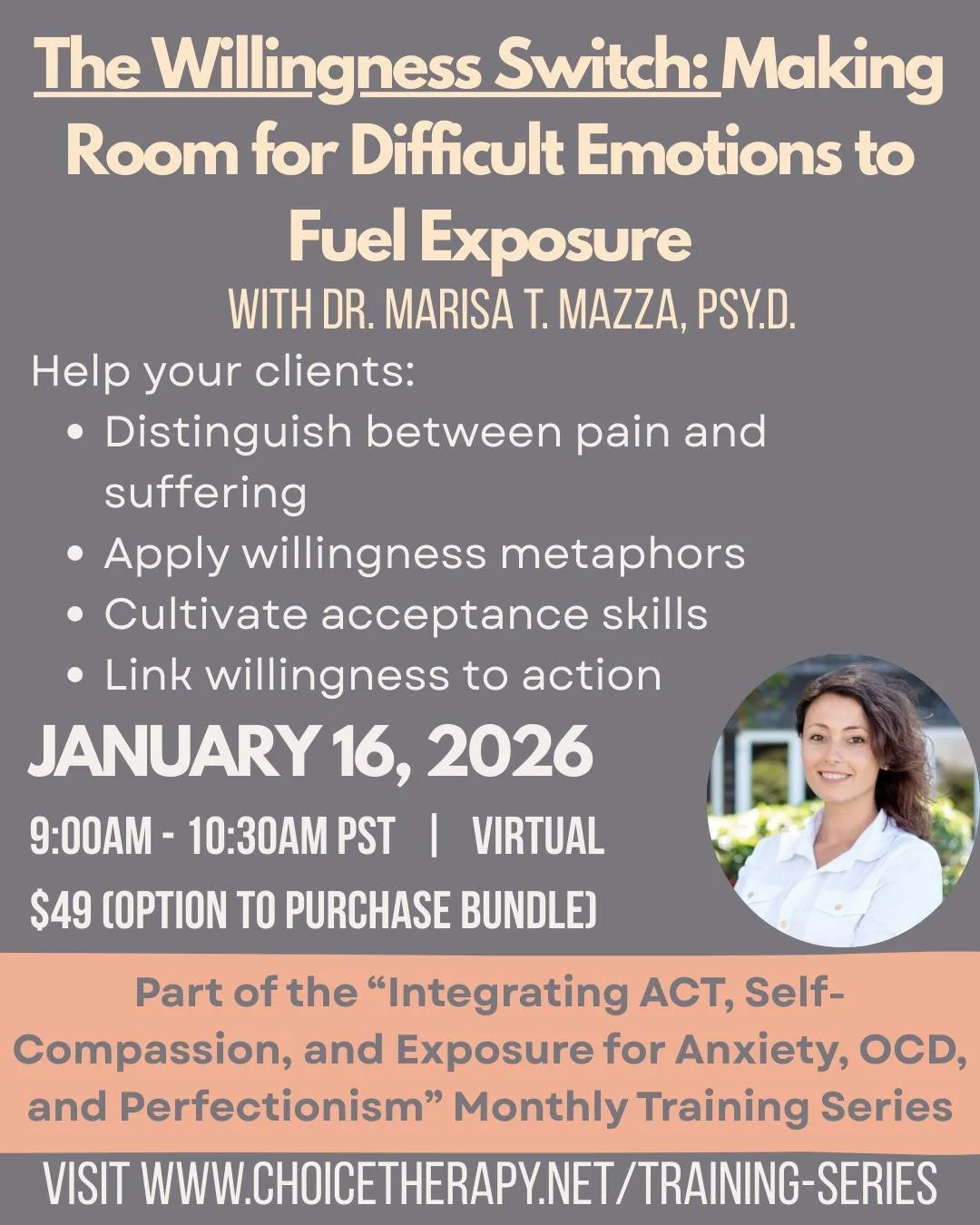 ⚠️LAST CHANCE TO JOIN⚠️
Attention: 🎓 LIVE Training for Clinicians | ACT + Exposure Work
Join Dr. Marisa Mazza for a 90-minute live training on how making room for difficult emotions can actually strengthen exposure work.
🧠 This experiential ACT-bas