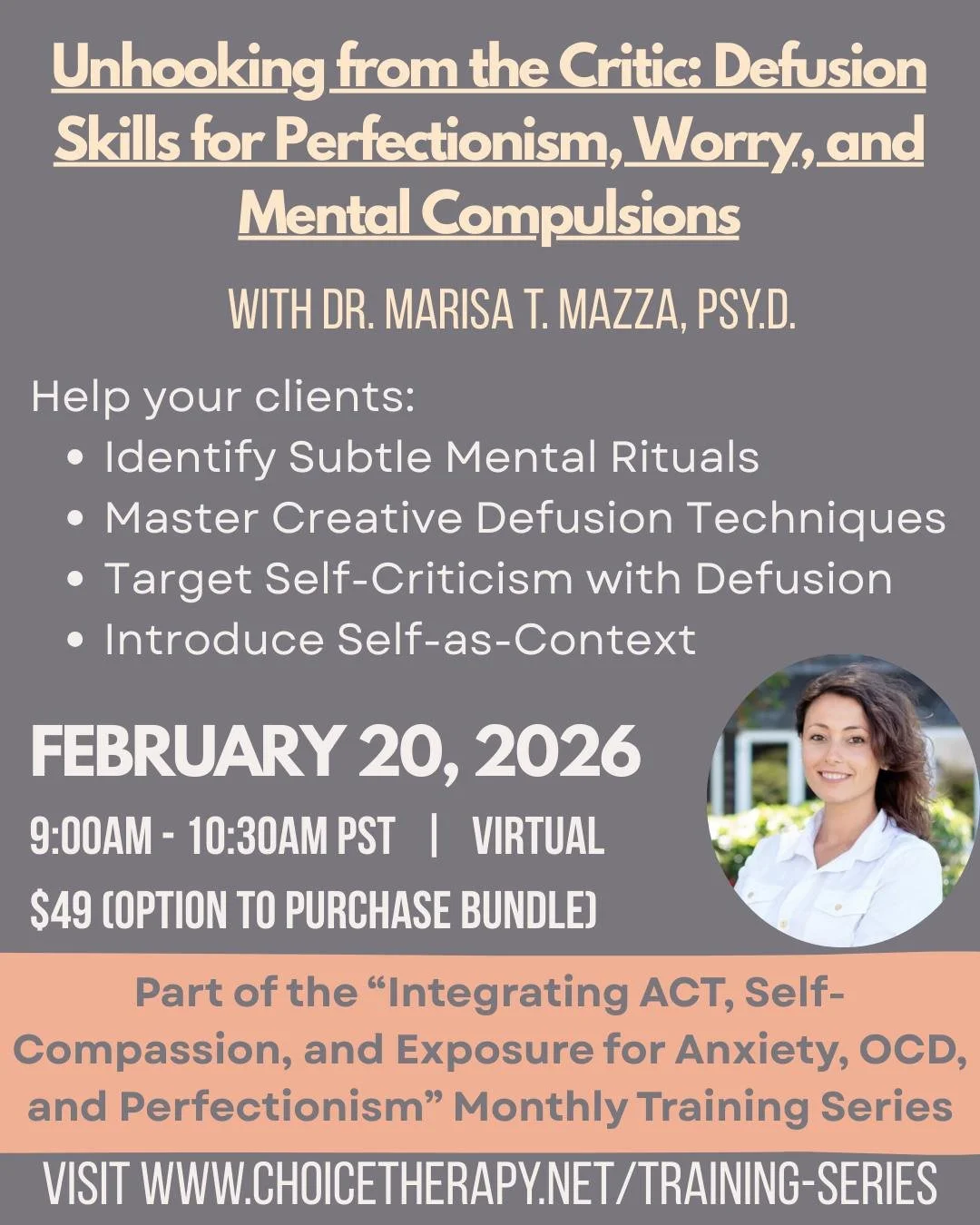 🎓 LIVE Training for Clinicians | ACT + Exposure Work

Join Dr. Marisa Mazza for a 90-minute live training on 02/20/2026
🧠 Stop the cycle of "silent" mental rituals and self-criticism by mastering hands-on cognitive defusion techniques. Jo
