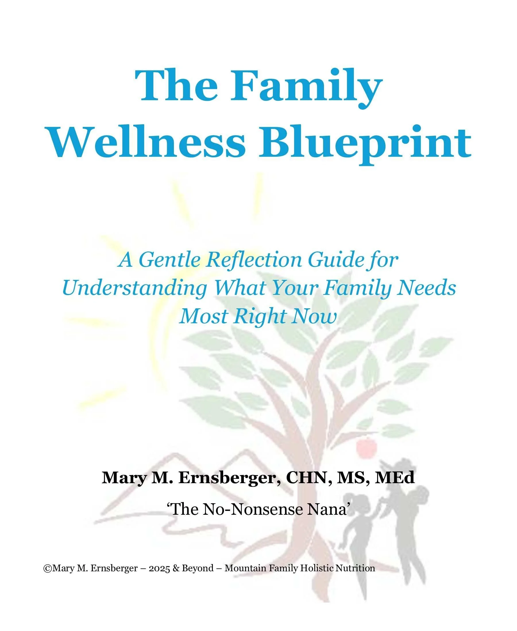 Cover image of the “Family Wellness Blueprint” free guide, featuring the title text with a faint tree-and-family logo watermark in the background.
