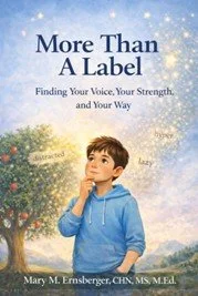 Illustrated book cover of a thoughtful child standing near an apple tree with soft light and dissolving label words, symbolizing self-discovery, inner strength, and identity beyond labels.