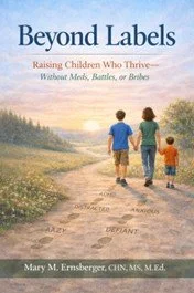 Illustrated book cover showing a parent walking forward with two children along a garden path, with faded label words in footprints behind them and warm light ahead, representing growth beyond labels.