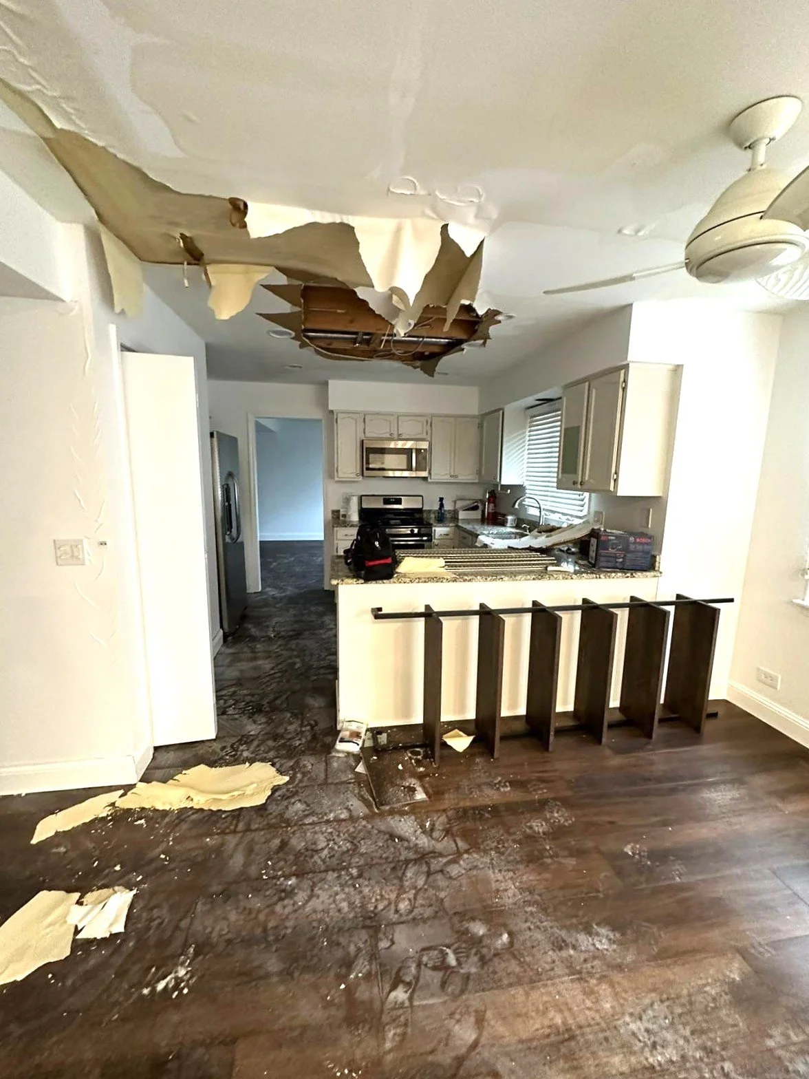 pipe burst water damage, water damage mitigation, water damage services, water damage restoration, kitchen restoration, demolition, glenview water damage, pipe burst through to kitchen, kitchen help, pipe burst help, certified water damage company