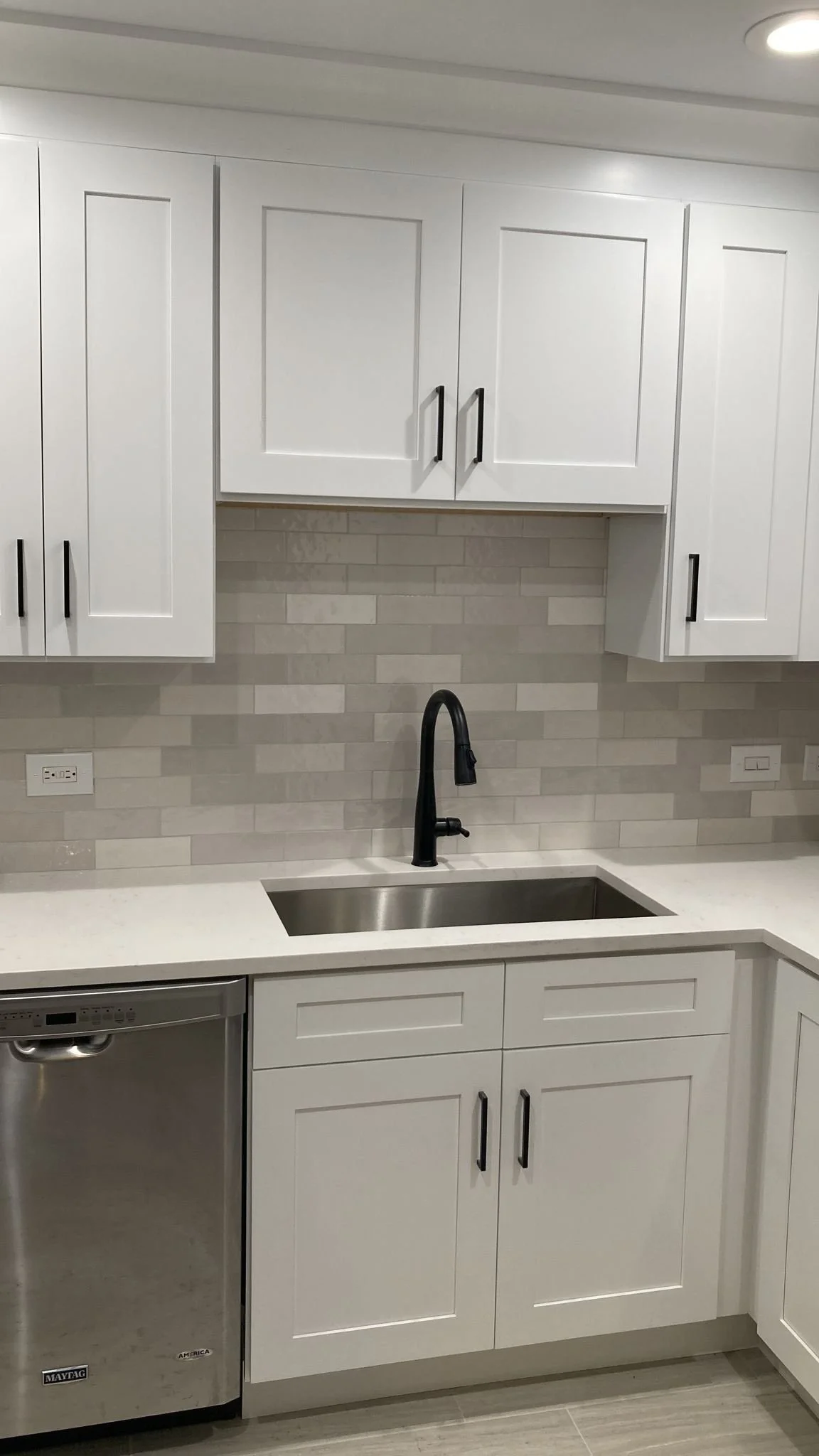 kitchen remodel, cabinet remodel, cabinet installation, kitchen renovation, remodeling service, neutral kitchen, neutral backsplash, interior design services, realtors, shaker cabinets, black matte hardware, countertop installation, custom countertop