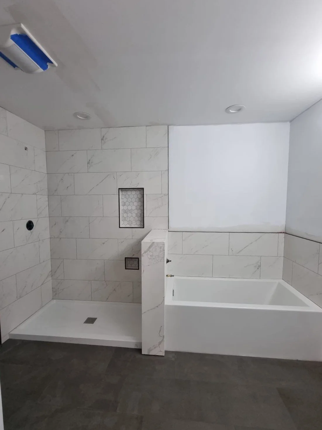 water damage restoration, bathroom restoration, bathroom renovation, bathroom remodel, tile installation, bathroom floor tile, pattern tile ideas, water damage company, water damage services, bathroom water damage, pipe burst restoration, neutral ba