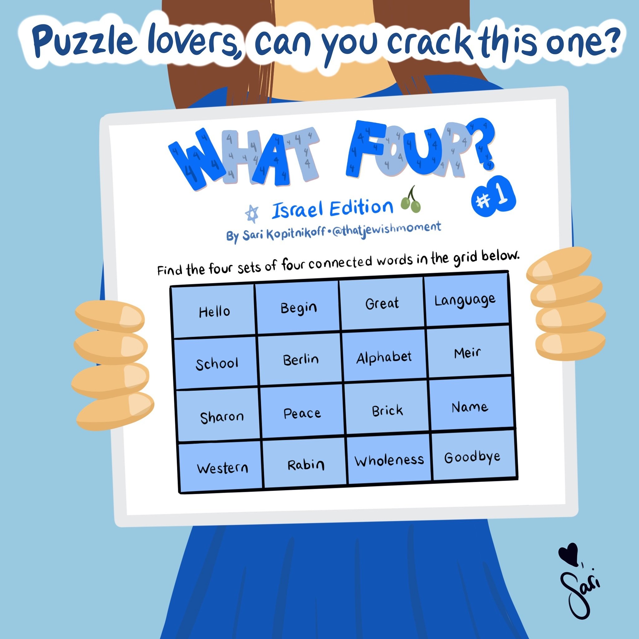I made an Israel-themed &ldquo;What Four?&rdquo; set! Can you solve this one?

Celebrate what there is to love about Israel while using your brain. 

(If you&rsquo;re new here, it&rsquo;s my Jewish version of &ldquo;Connections&rdquo; - a fun puzzle 