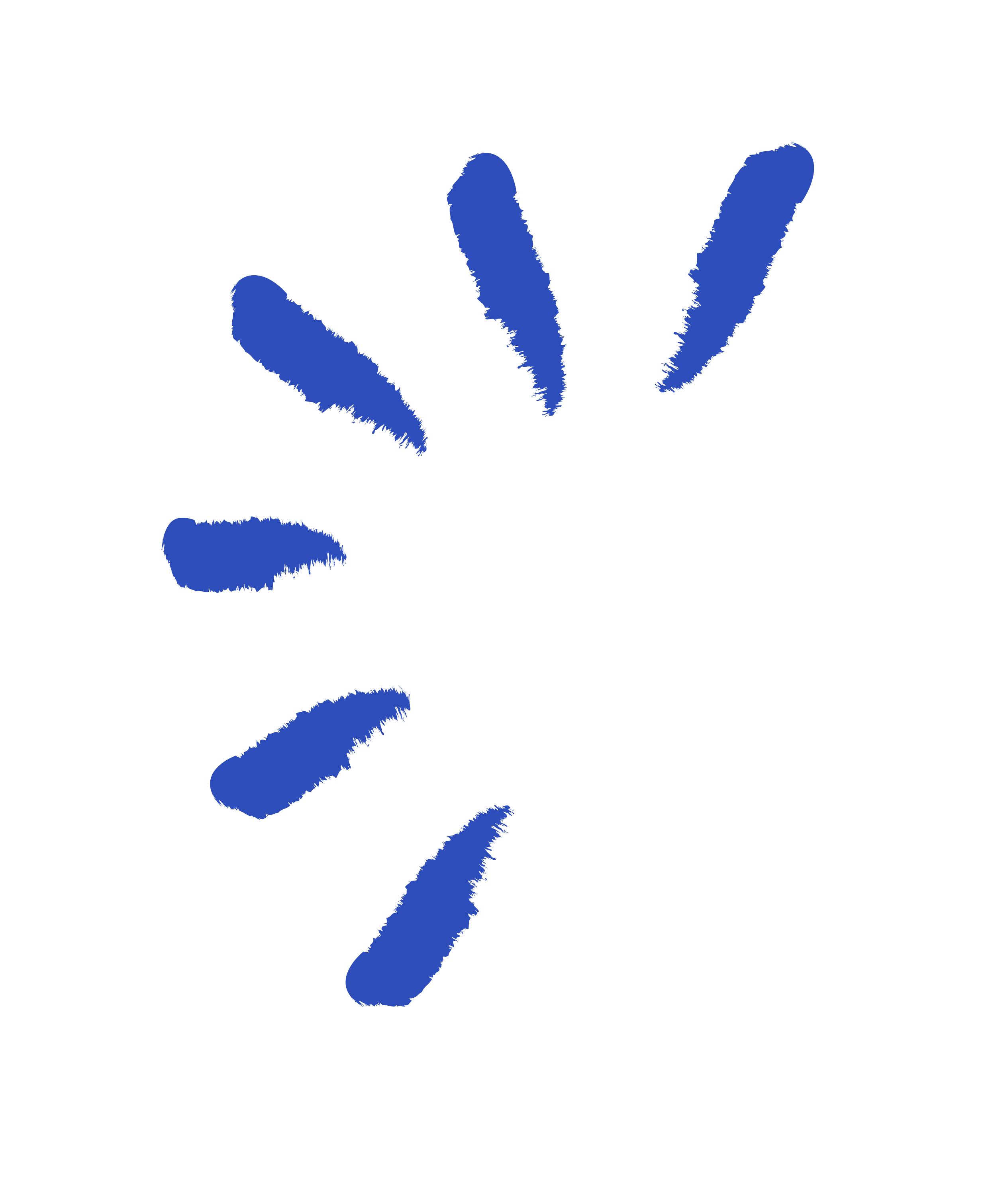 Six short blue brush strokes in a semicircle like a flower on a transparent background.