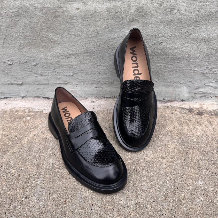 Black Leather Snakeskin Penny Loafers