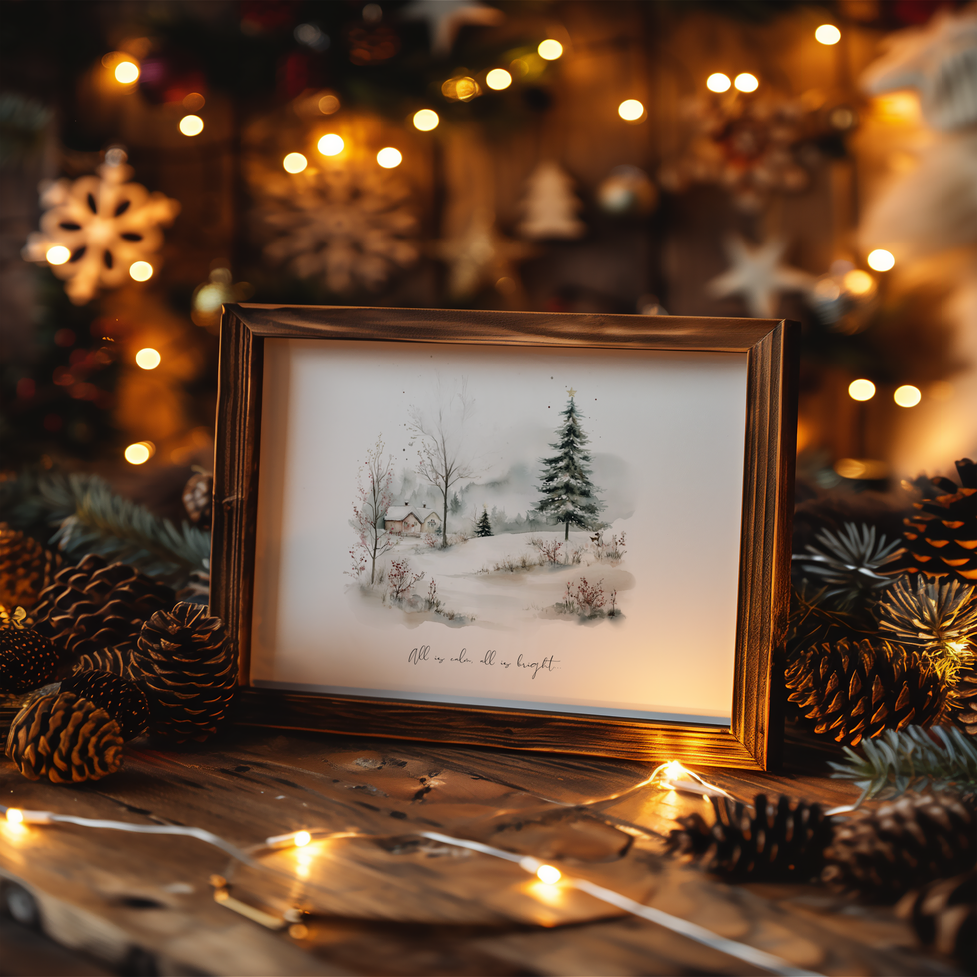 A framed watercolor painting of a snowy landscape with a pine tree, cottage, and trees, set on a wooden surface surrounded by pinecones, holiday decorations, and string lights.