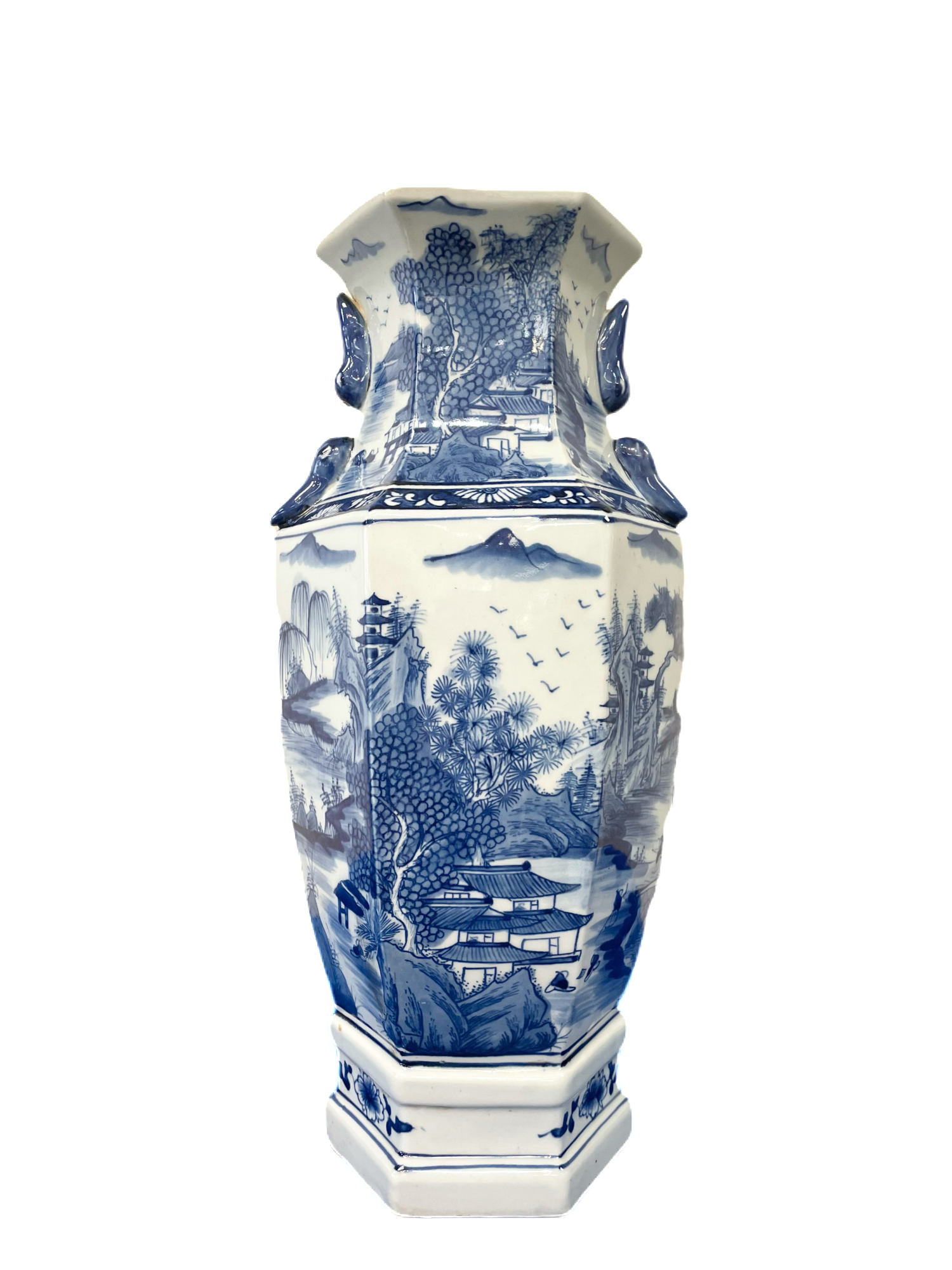 Village Scene Floral Handle Vase