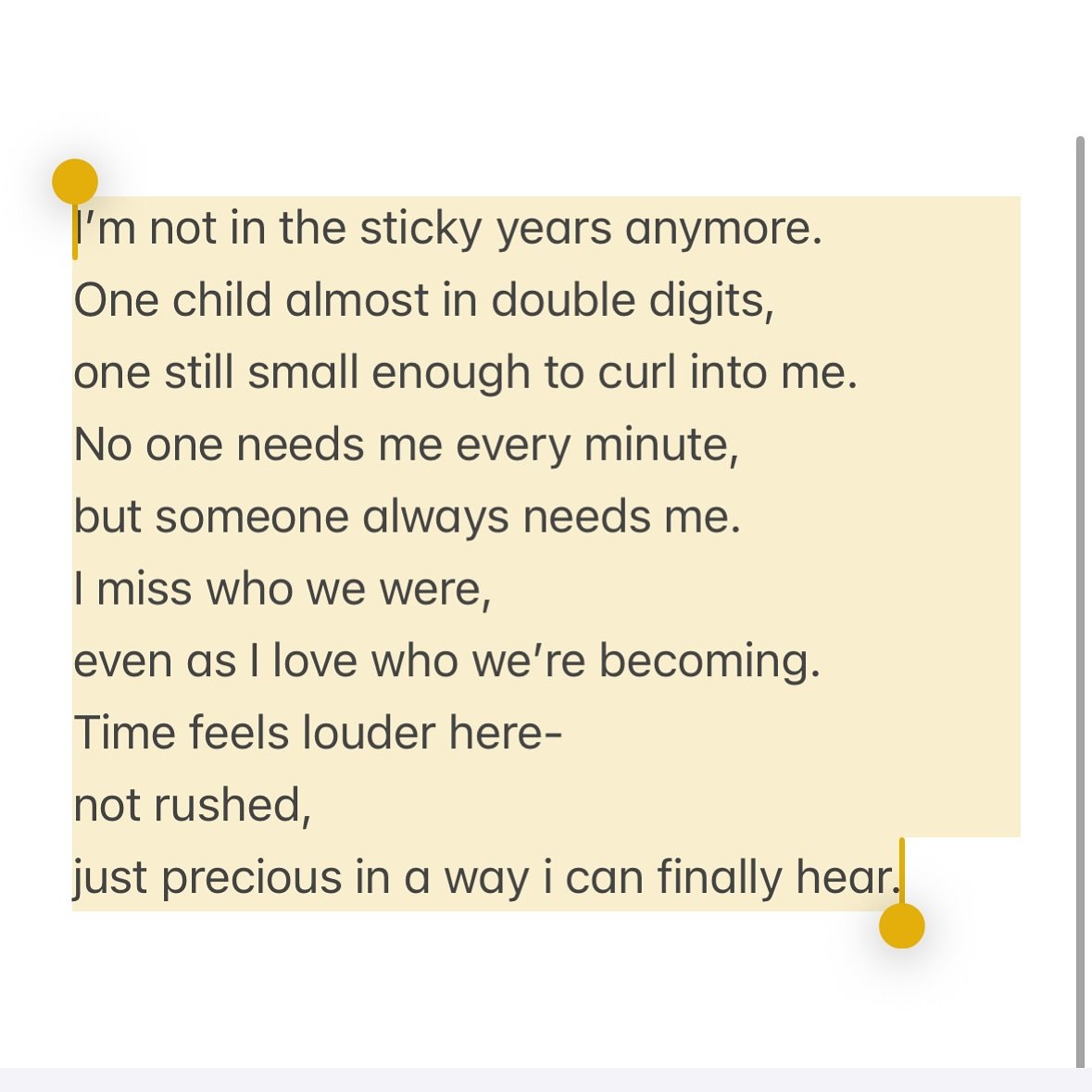 Musings from my notes app.

The in-between years have a quiet ache to them&hellip;

For the mothers who feel this in their bones.

#motherhoodpoetry #motherhoodwriter #womenwhowrite #poetsofinstagram #writersofinstagram #motherhoodunfiltered #matresc