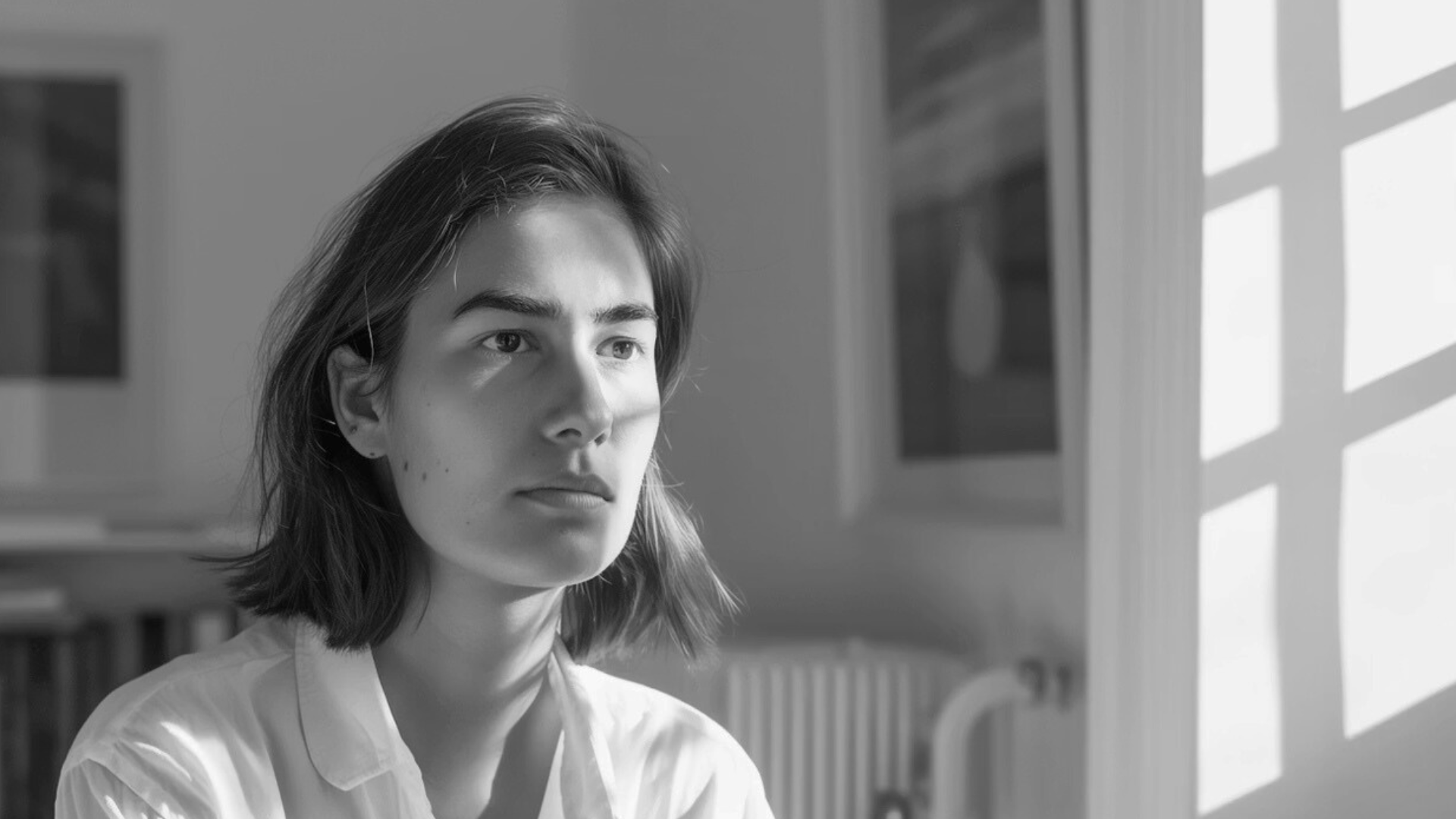 Woman sitting near a window in soft natural light, looking thoughtful and internally focused