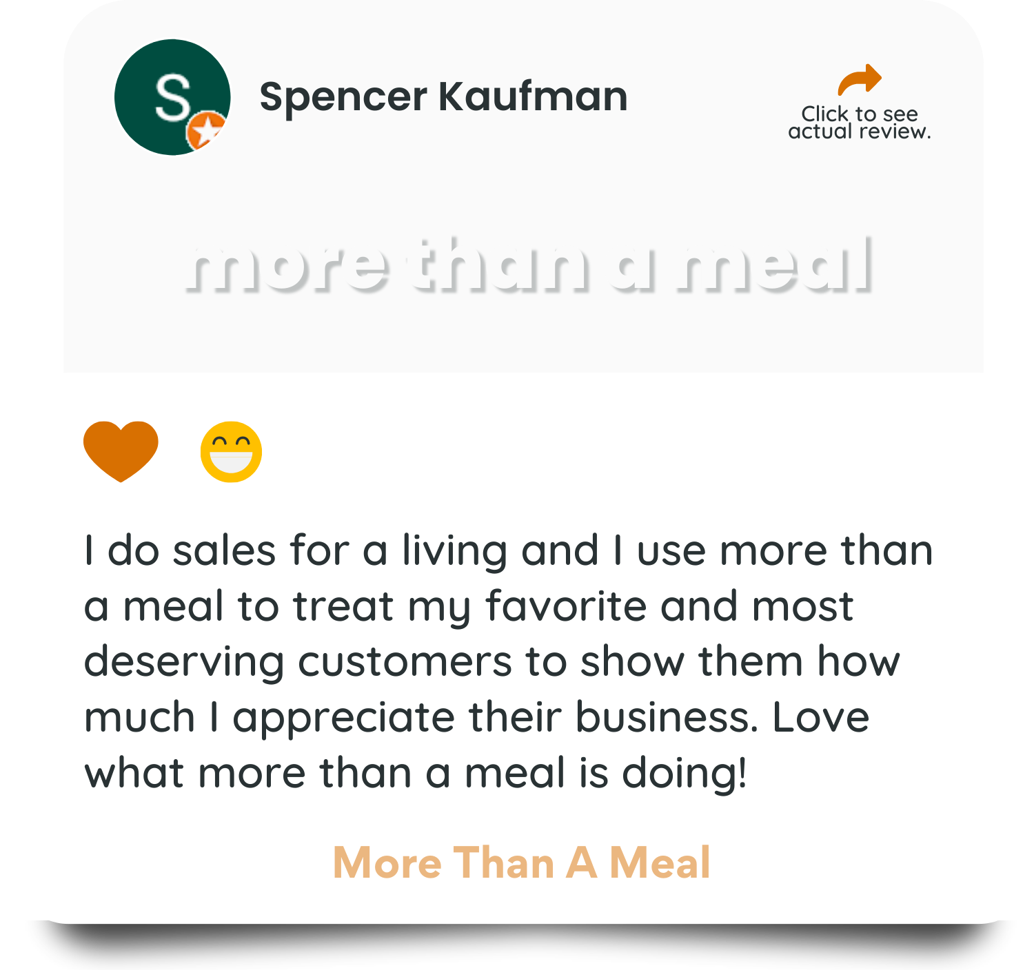 A screenshot of a 5-star review on the More Than A Meal website, featuring a customer's feedback on the impact the meals had on their business. The review explains how the customer used More Than A Meal to provide catering for a business meeting, and