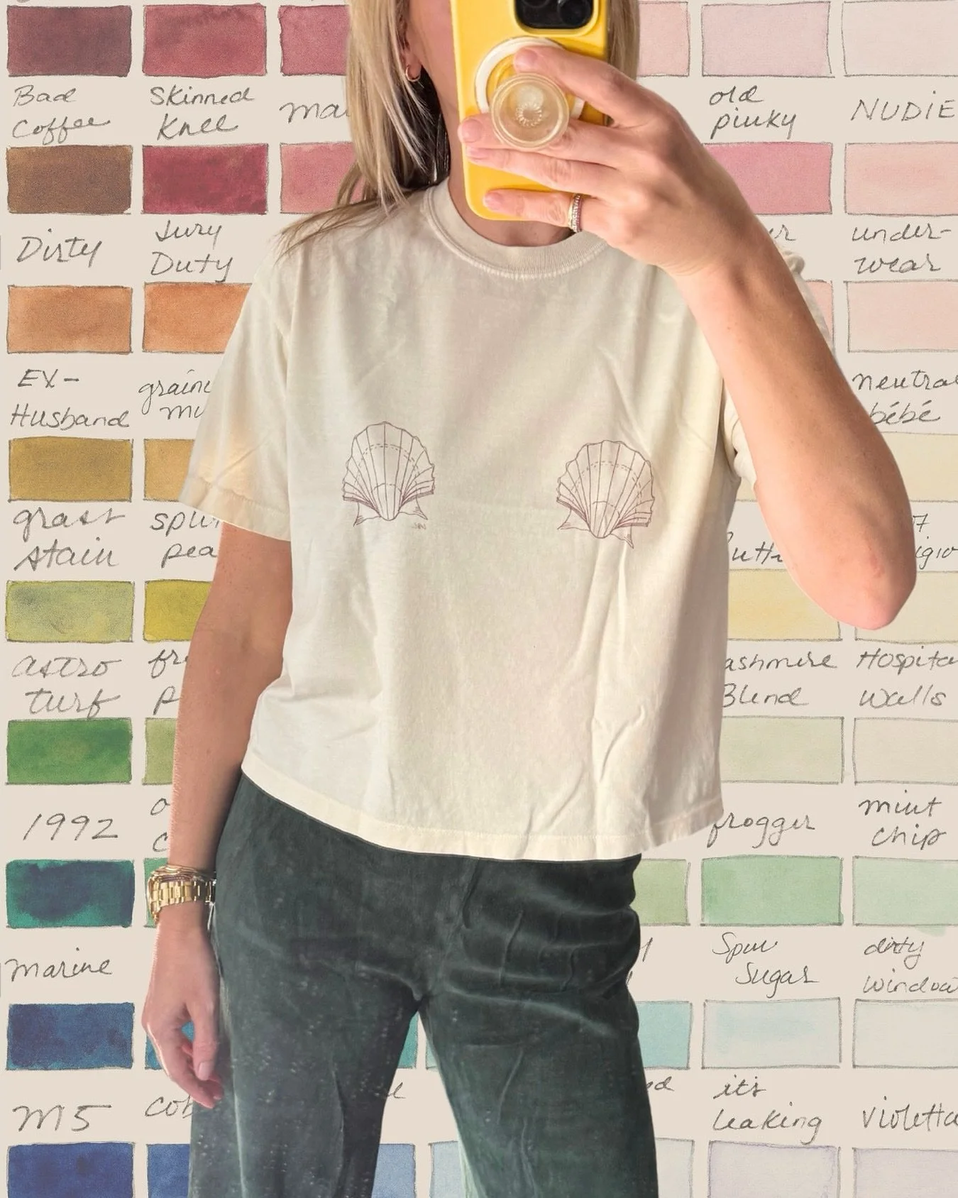 Shell Tits Tee πππ I will be donating a portion of sales from this tee to @muschollings in honor of breast cancer awareness month. This tee is 100% heavyweight ivory cotton with chocolate brown linework shells and a great boxy, slightly cropped fi