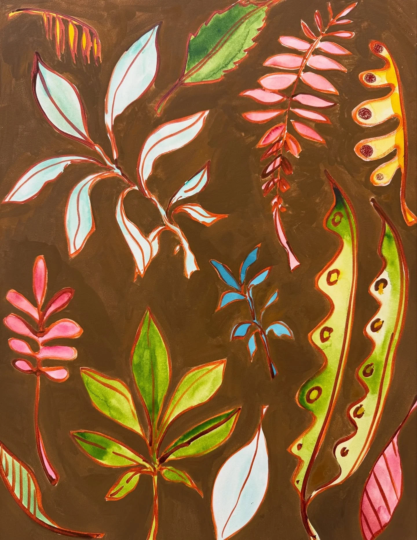 Weird leaves on matte brown on board. Swipe to the very end to see the massive new version of this that I&rsquo;ll be working on this week. 🍃🍂🌱🍁This is available if you&rsquo;re interested.
.
.
.
#gouacheonpaper #mixedmedia #paintonboard #mattebr