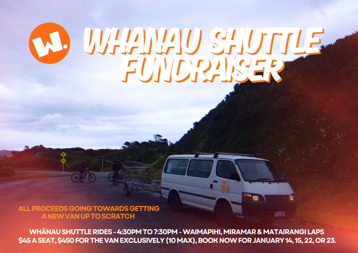 Shuttles!! And for a good cause- we&rsquo;ve heard you, families want to ride with their young ones and sometimes the uphills are a bit more daunting! 

Evening friends and whānau shuttles- open to everyone. 

Book one seat or grab the whole van (10 