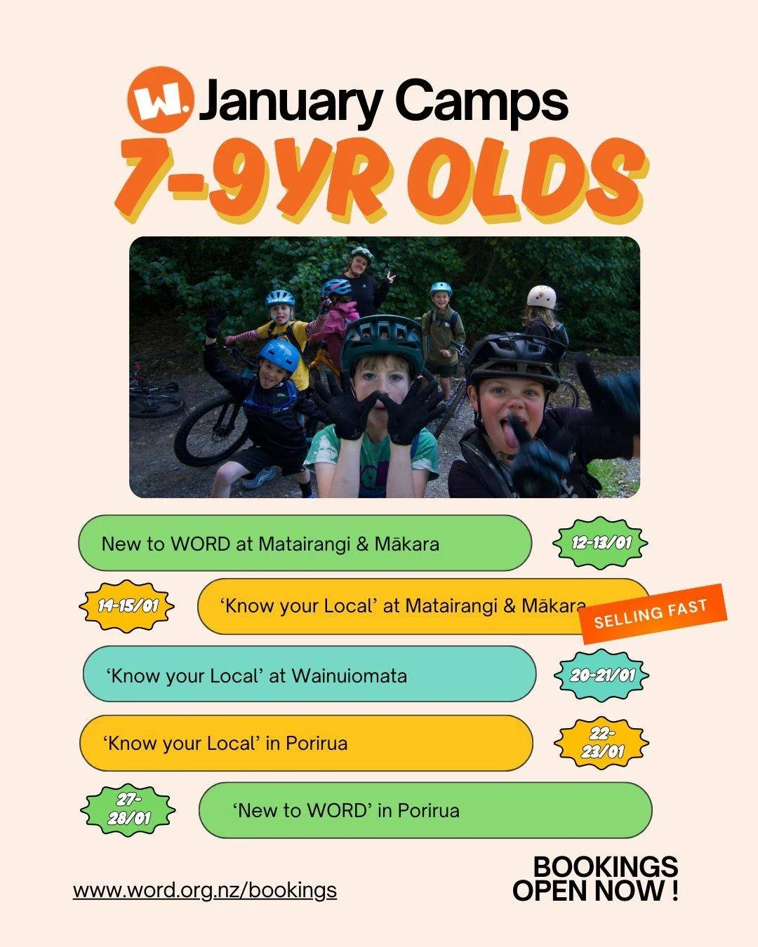 Is your young person aged 7-9 years old and love mountain biking or perhaps they would like to give it a go? We have camps for all ages and skill levels. New To WORD camps for first timers/or new to off-road and Know Your Local camps for regular ride