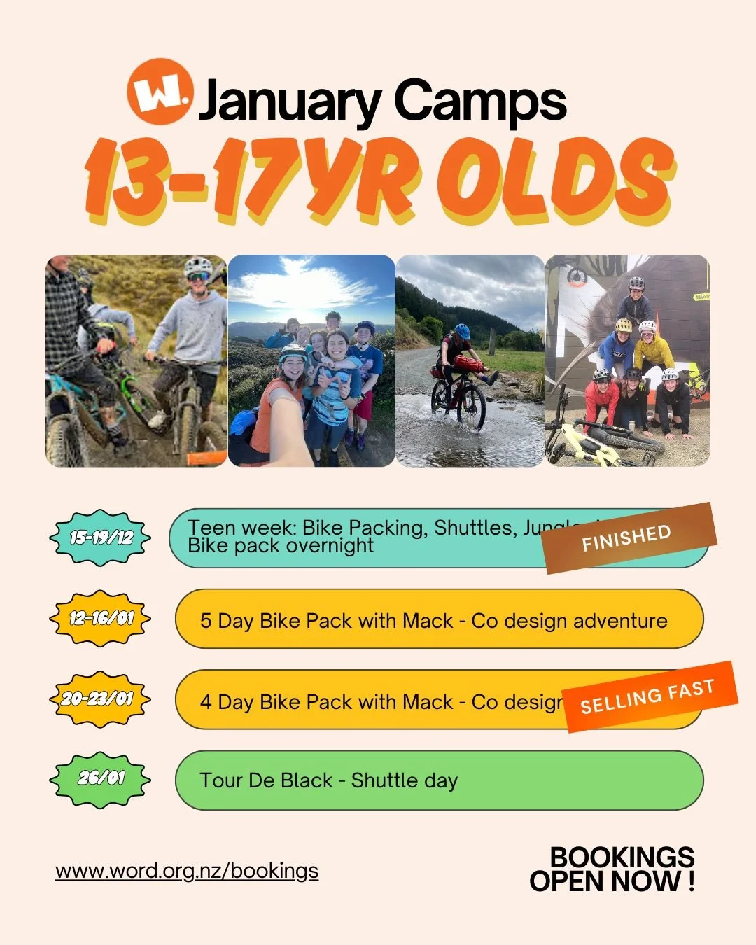 Is your young person aged 13-17 and in need of an adventure this holidays. We have shuttles days and bike packing trips planned, come and join us for the fun!

more info at www.word.org.nz or check the link in bio

#friends #Connection #adventure #bi