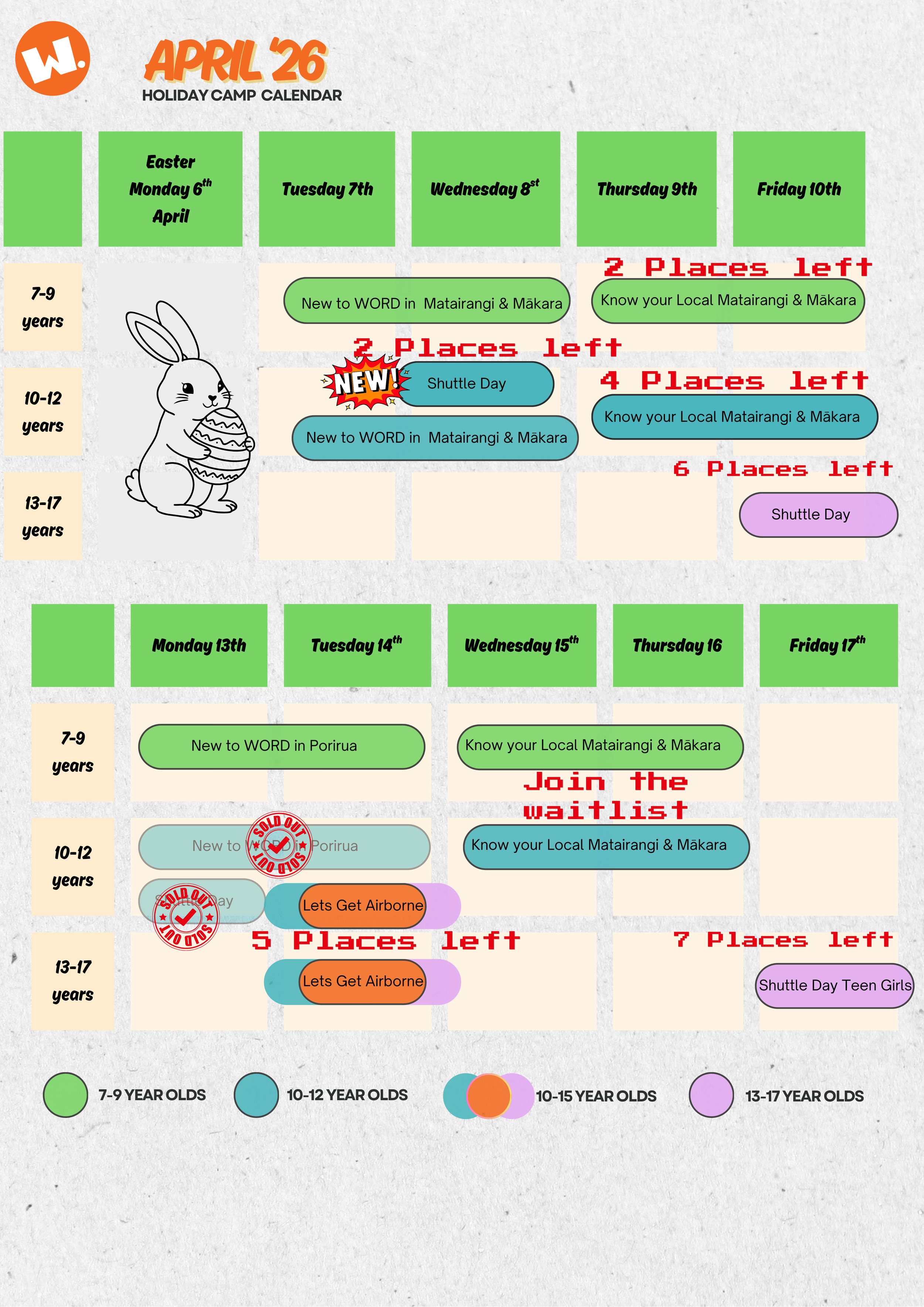 WORD April Holiday Camp Schedule