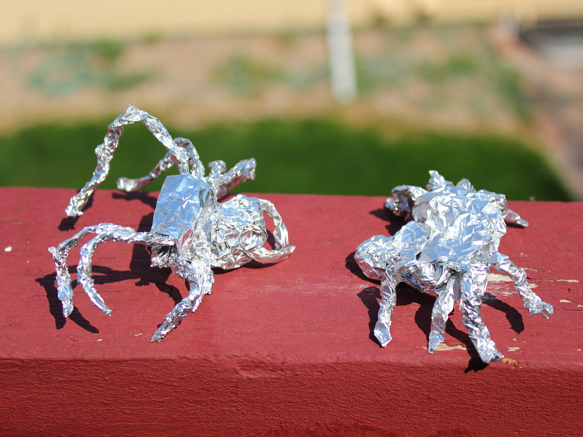 Two Tin Foil Spider On Railing