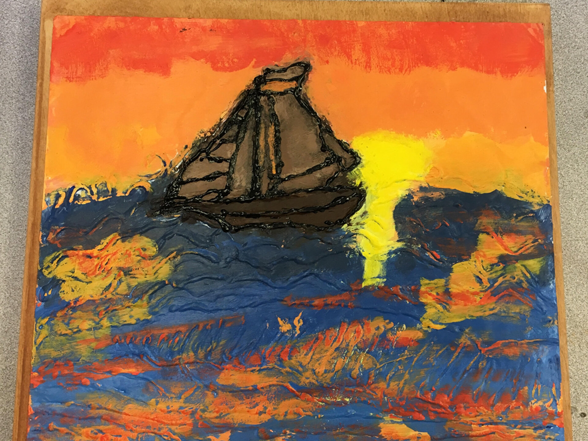 Valerie Alcaraz's Tactile painting of a sailboat towards the horizon in a sunset. 