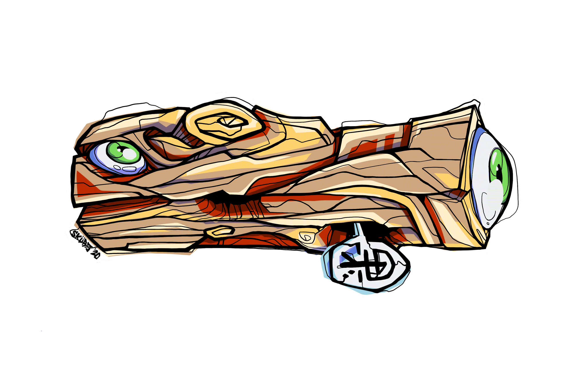Illustration of a wooden log with cartoonish eyes and a tag hanging from it, on a black background.
