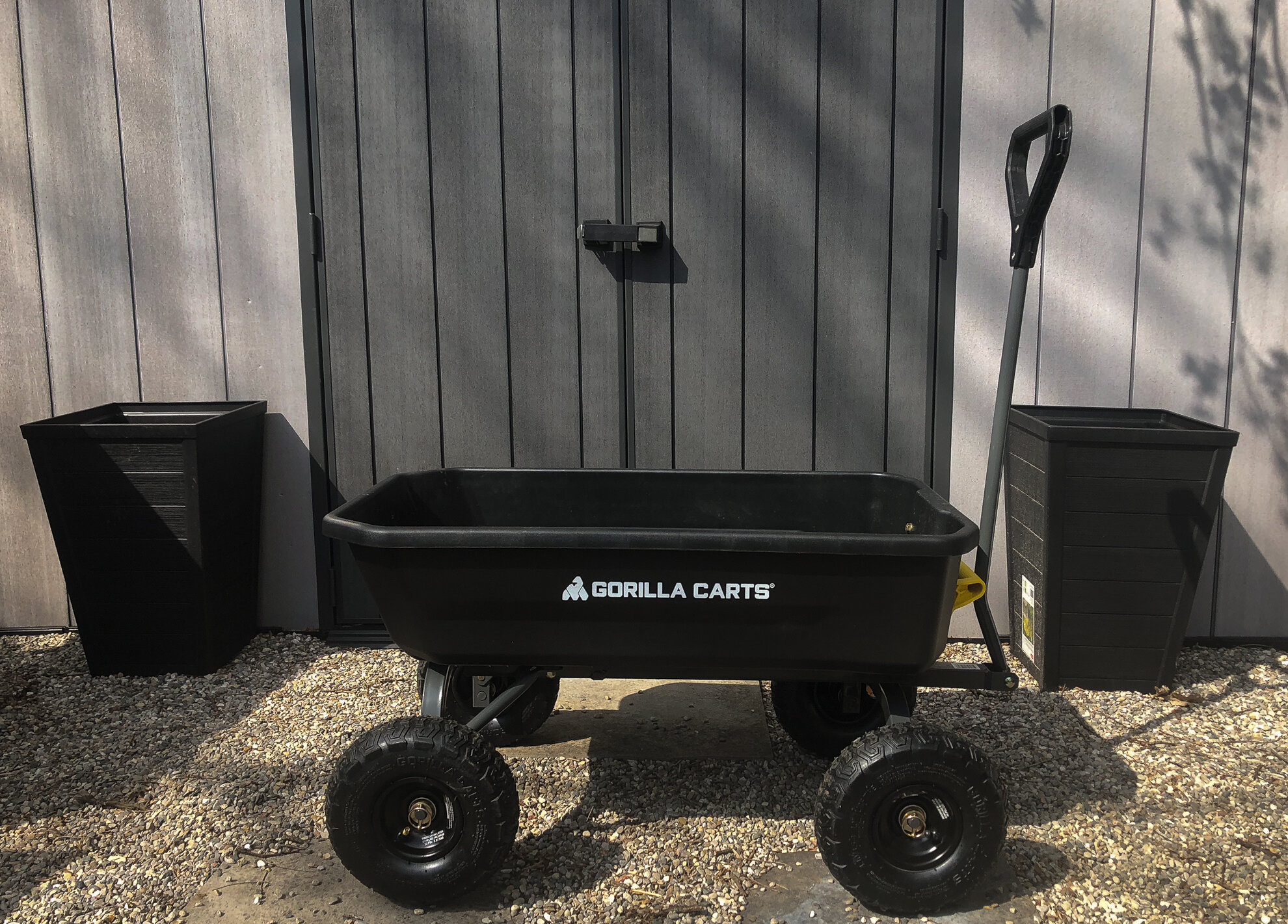 Our new Gorilla Cart holds 4 Cubic Ft. in its heavy-duty polycarbonate container that lifts up 180 degrees to dump its load. Notice the 10-inch pneumatic tires that can roll over anything that gets in the way and makes the device a joy to use in tig…