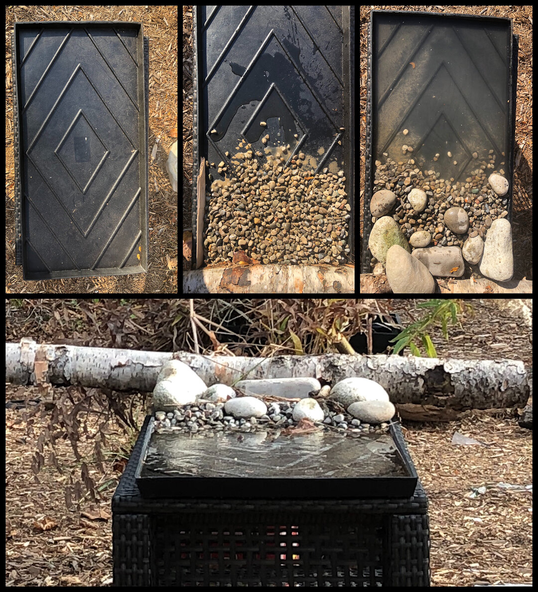 A step by step visual illustration of the creation of the reflection pond made from a rubberized boot tray.