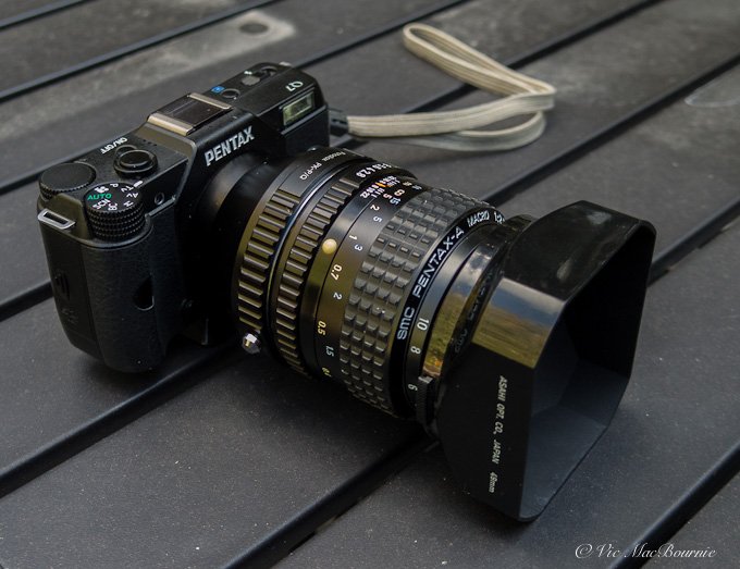 The Pentax Q shown here with the Q to Pantax K adapter and a 50mm f2,8 macro lens which becomes a 250mm macro lens with the 5.6 crop factor of the Q's tiny sensor.