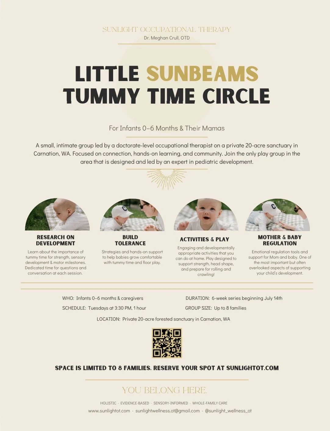 Flyer advertising a Sunlight Occupational Therapy class for infants 0-6 months and their moms, held at a private sanctuary in Carnation, WA, with photos of babies and caregivers.