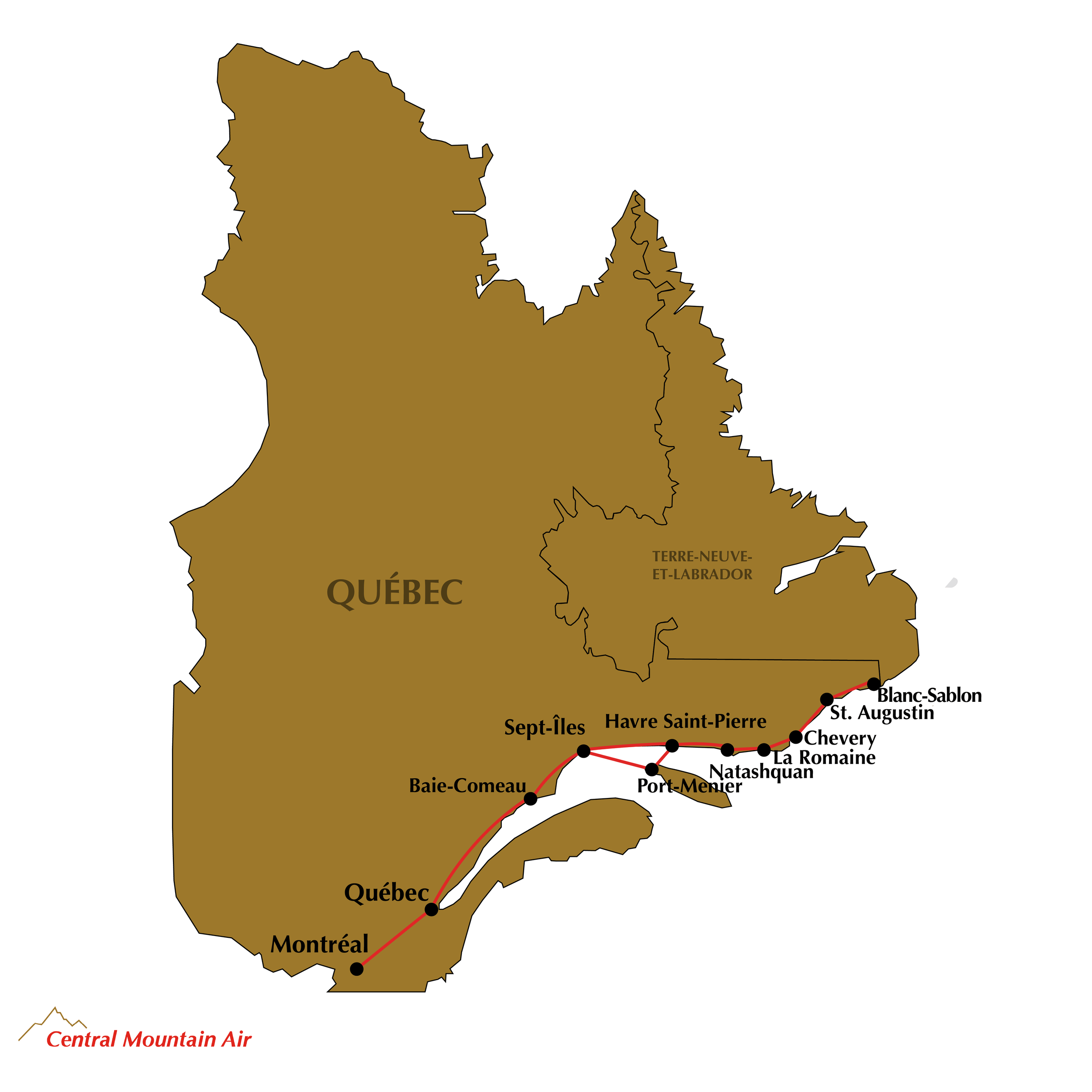 Route Map of Central Mountain Air Flights in Quebec