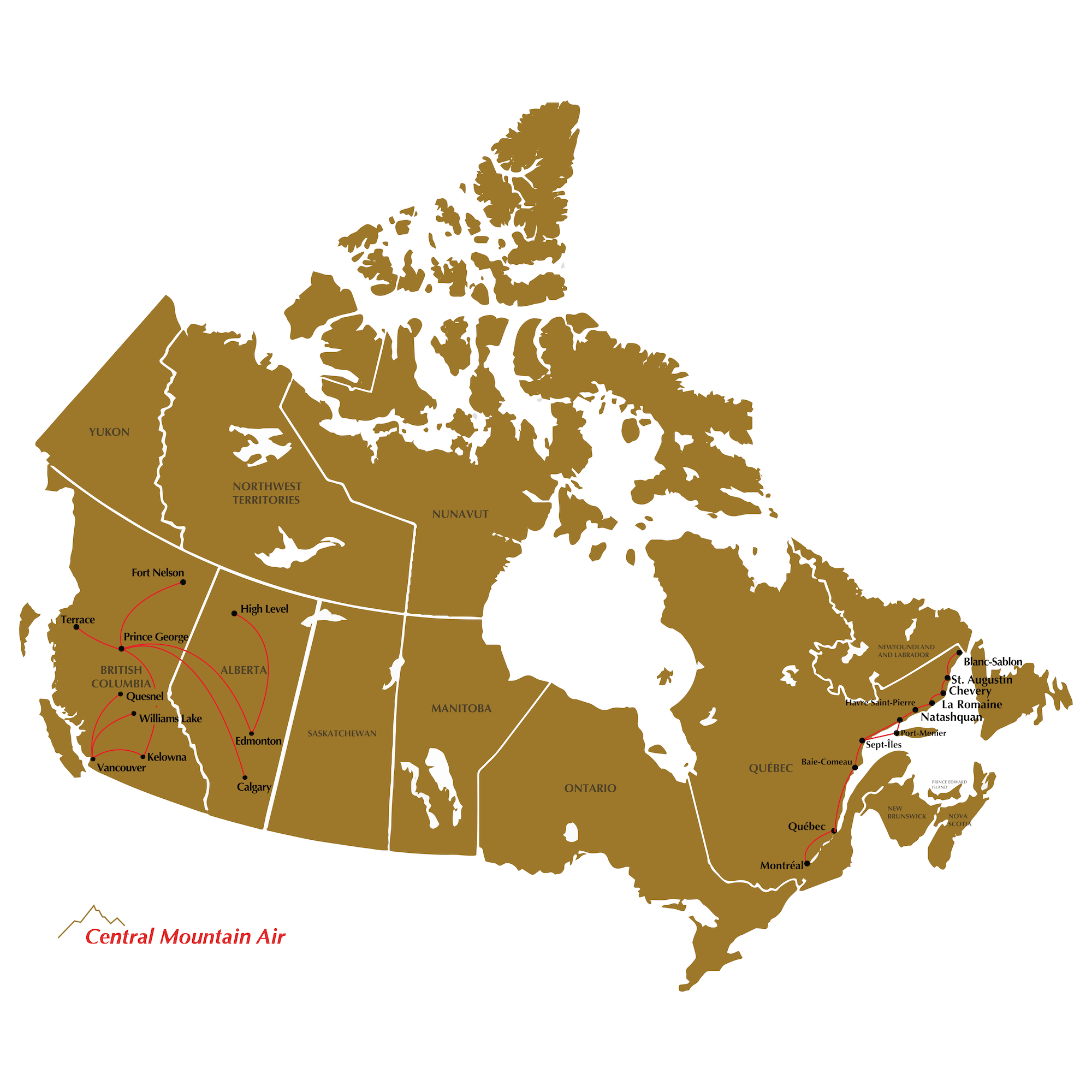 CMA Route Map of Canada highlighting cities such as Vancouver, Calgary, Edmonton, and Montreal.
