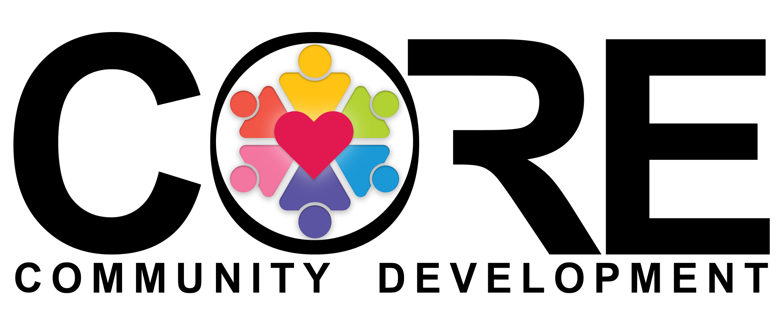 Logo for CORE Community Development with the word 'CORE' in large black letters, a colorful circle of stylized figures holding hands around a red heart in the center, and the words 'Community Development' in smaller black letters below.