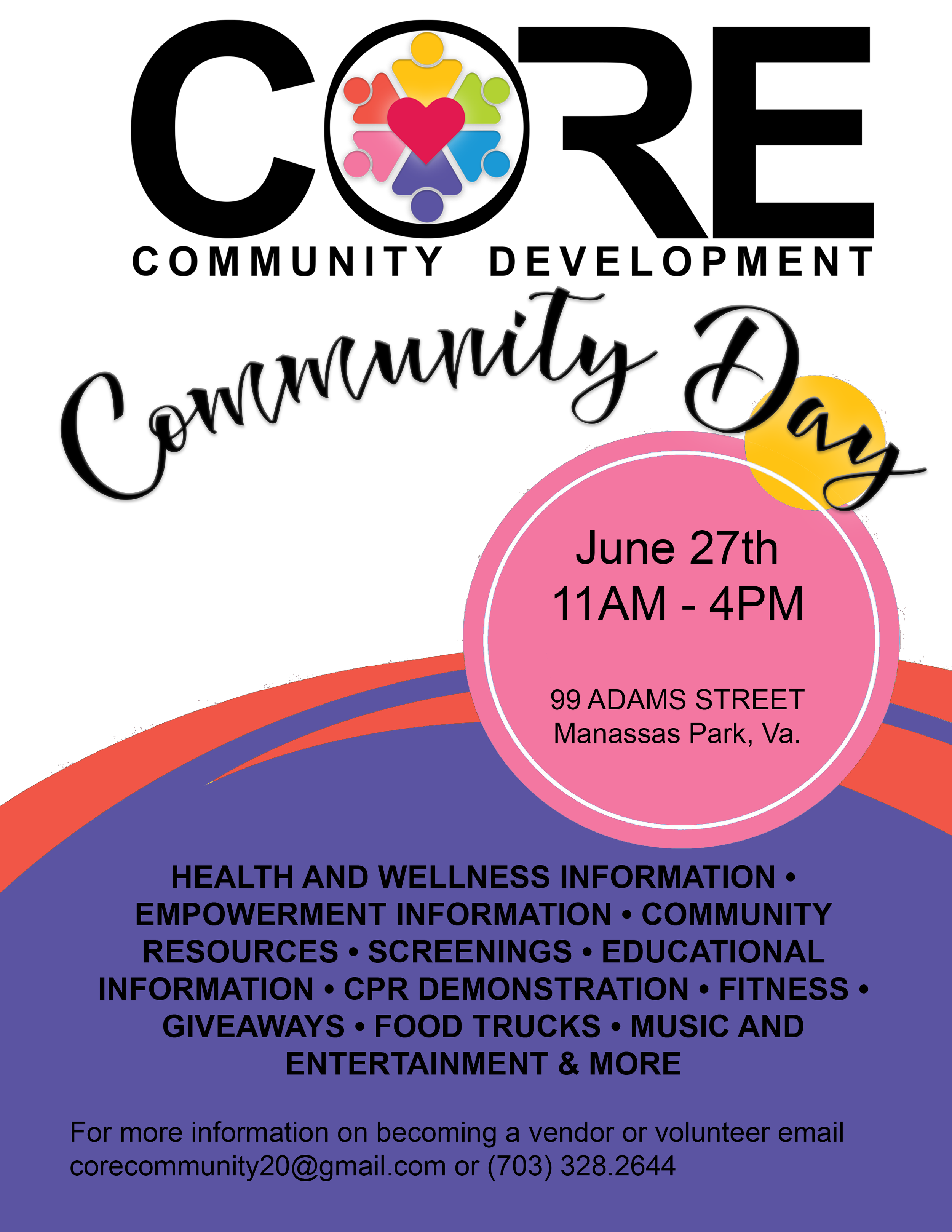 Flyer for Community Day event with details of date, time, location, activities like health info, resource screenings, food trucks, music, and contact email.