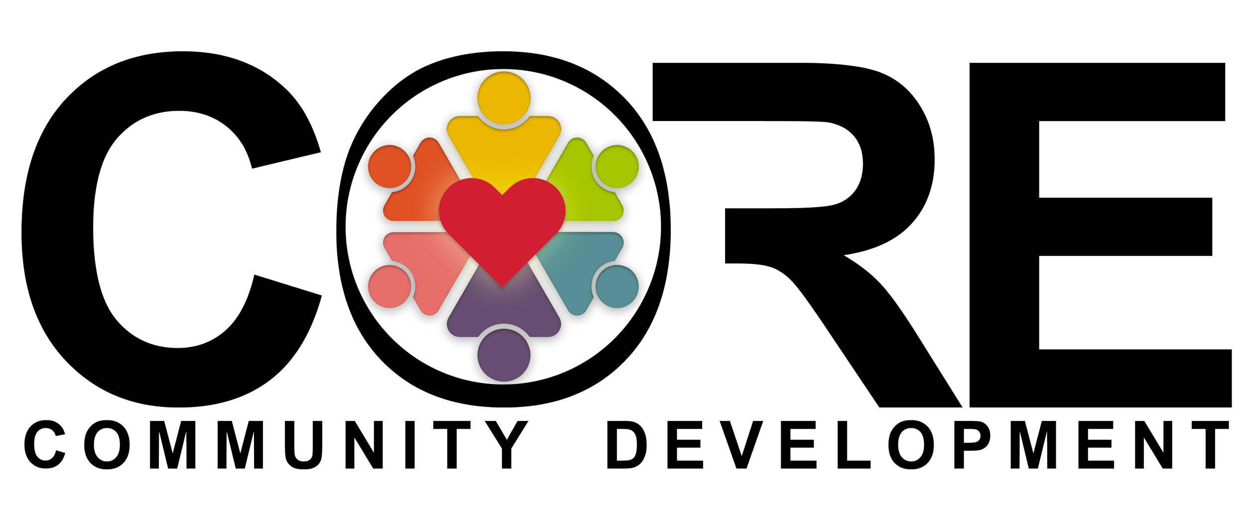 Logo with the word 'CORE' in large letters, featuring a circle with multicolored human figures holding hands and a red heart in the center. Below, the words 'COMMUNITY DEVELOPMENT' are written.