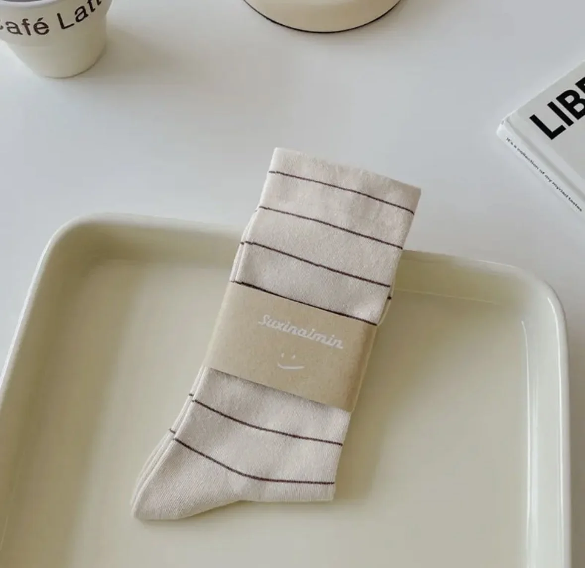 Beige Striped Socks