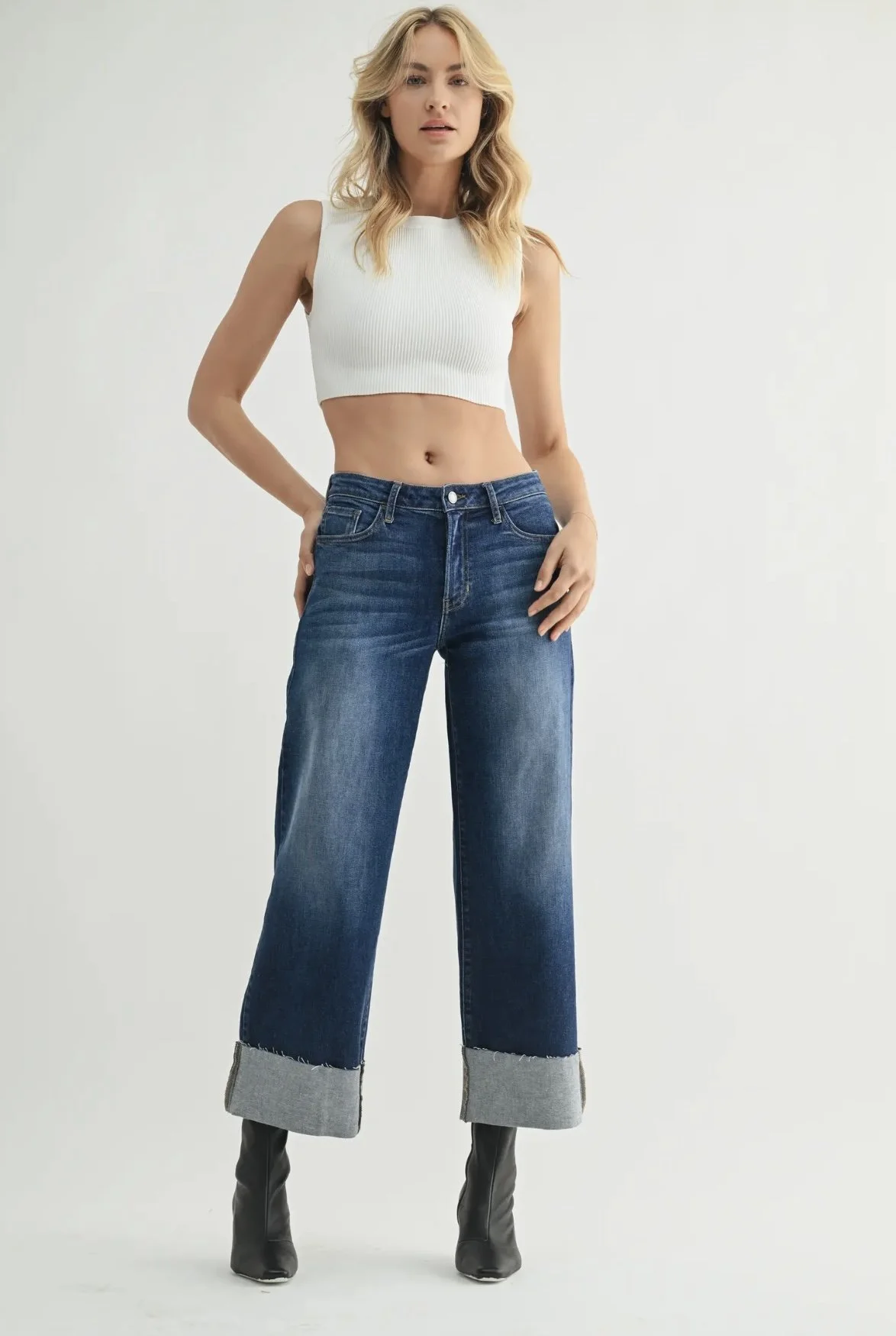 Dark Scissor Cut Cuffed Wide Leg