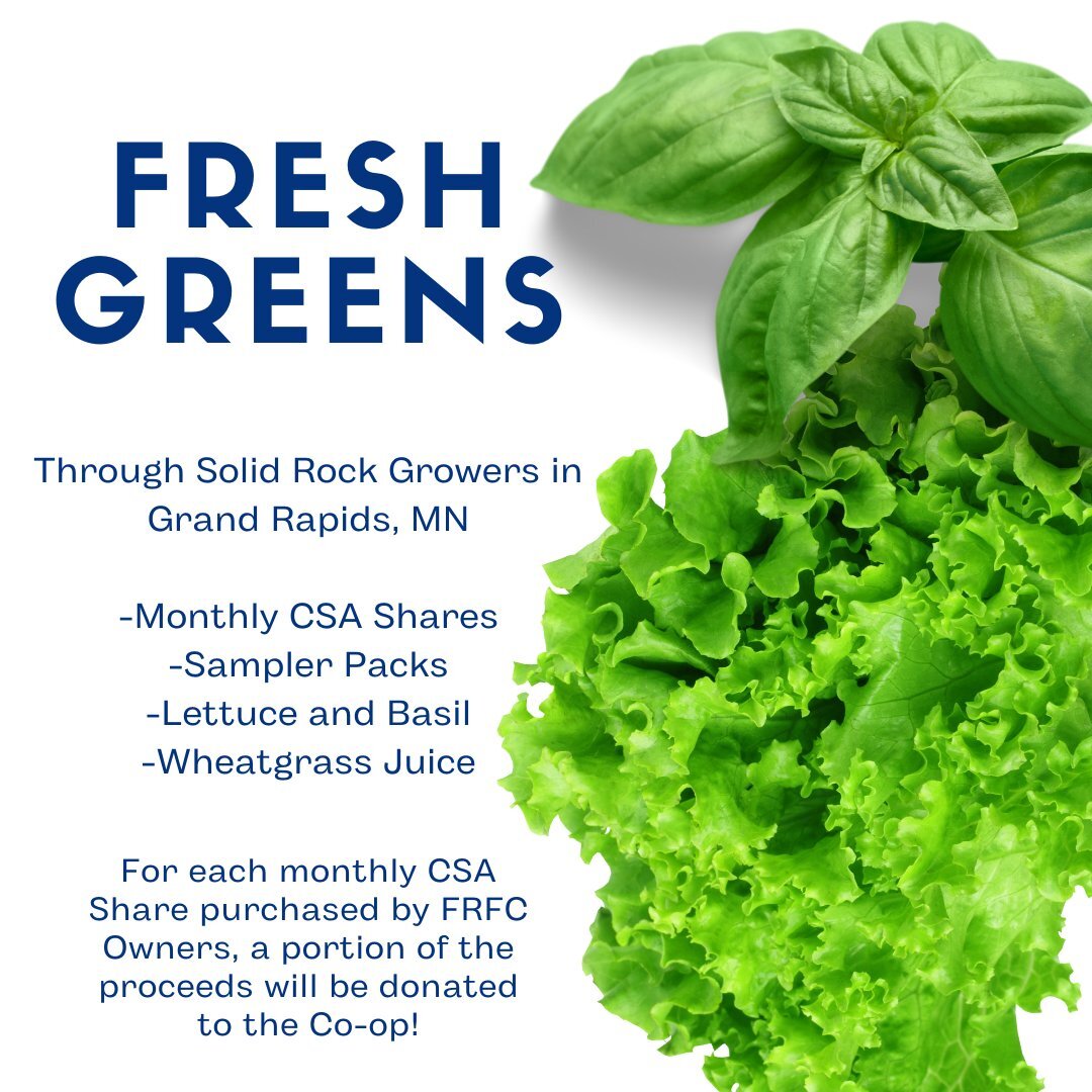 Choose from two sizes of @Solid Rock Growers, LLC CSA Shares to have fresh greens 🥗 delivered every week! Do you know what sounds better than that? Each FRFC Owner that purchases a Share, a portion of the proceeds gets donated to us!

Please note th